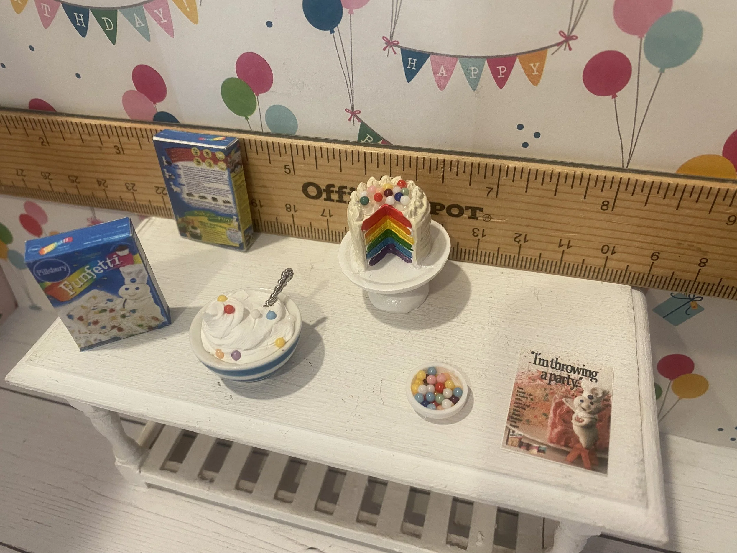 Miniature Cake Box, Batter in a Bowl, Sprinkles, Rainbow Tiered Cake, 1:12