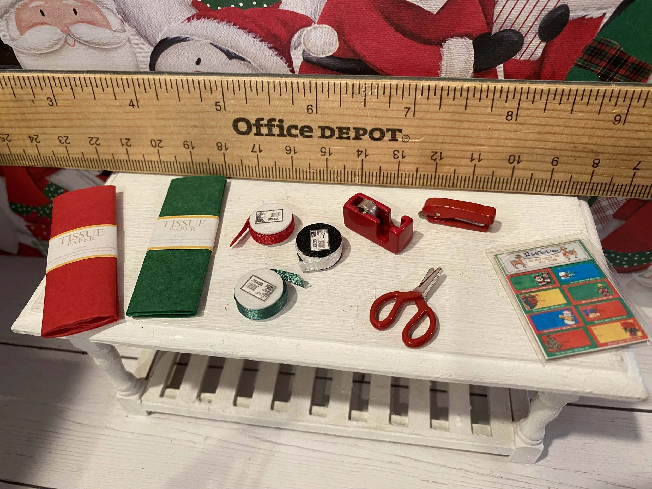Miniature Red & Green Christmas Tissue, Red Scissors, Red Stapler, Red Tape Dispenser, Red, Green, White Spools Ribbon, Sealed Christmas Tags, Green Gift Box w/Bow, 1:12