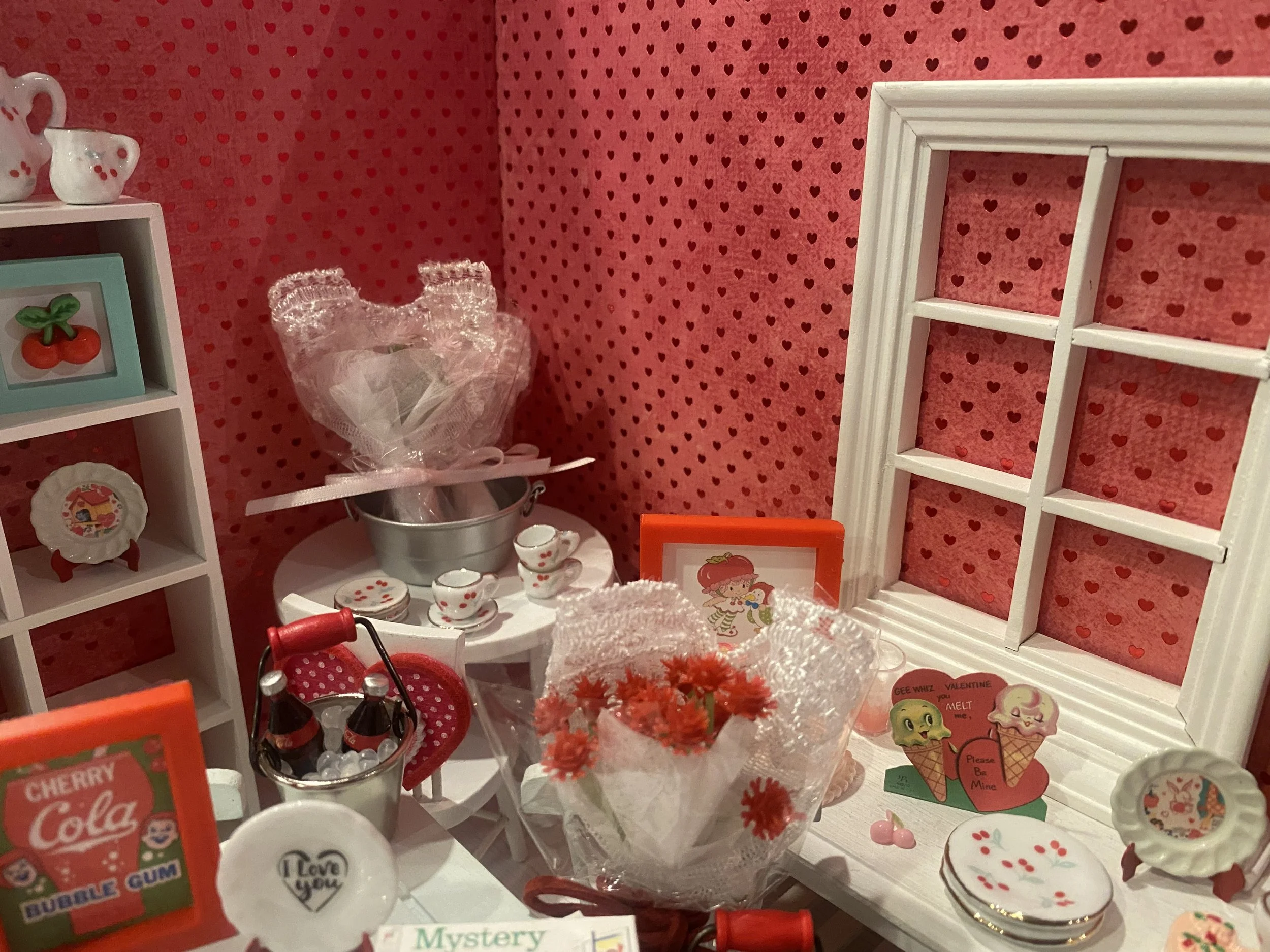 Miniature Valentine Dishes, Cherry Tea Set, Heart Banner, Art, 1:12