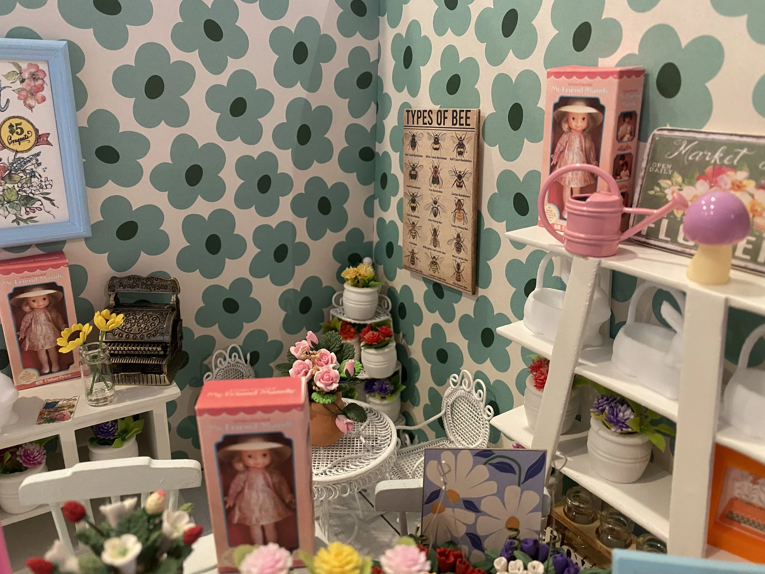Miniature Spring Flower Shop, Daisy's Dollhouse Flower Cart & Accessories, 1:12