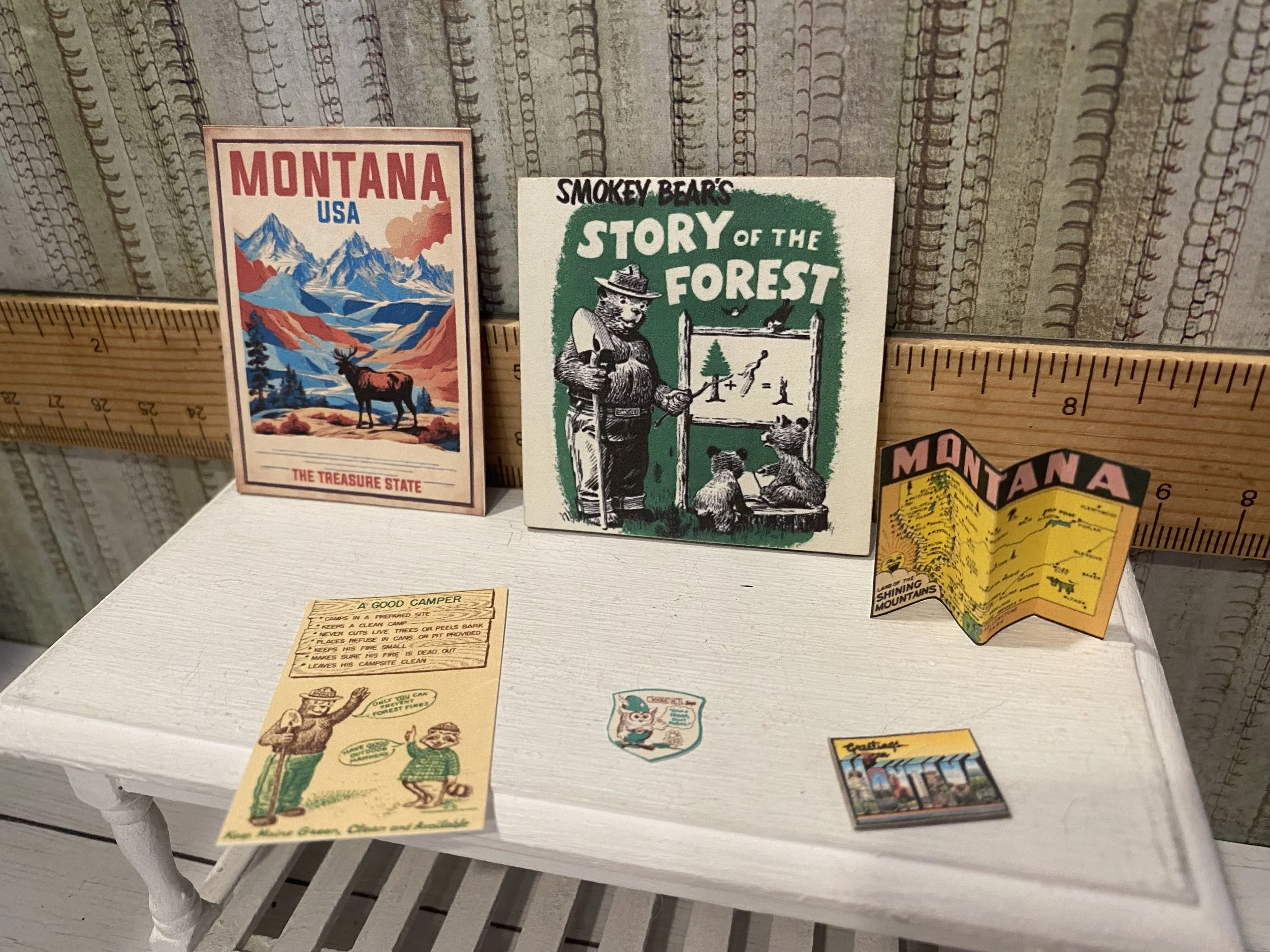 Miniature Montana Poster, Smoky the Bear Poster, Montana Map, Postcard, Give a Hoot Camping Badge, 1:12