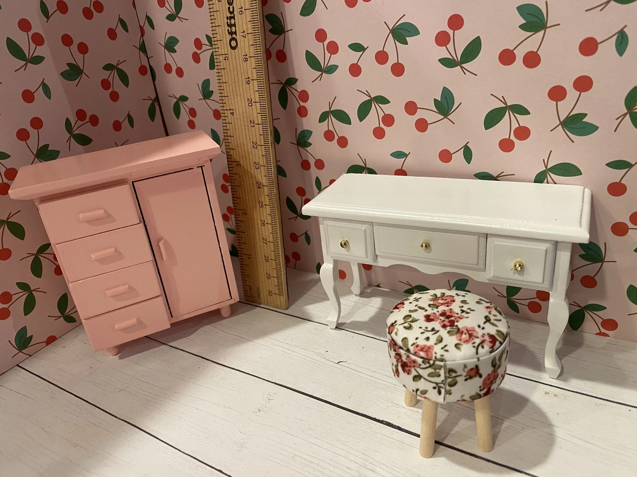 Miniature Pink Dresser, White Vanity w/Flower Stool, 1:12