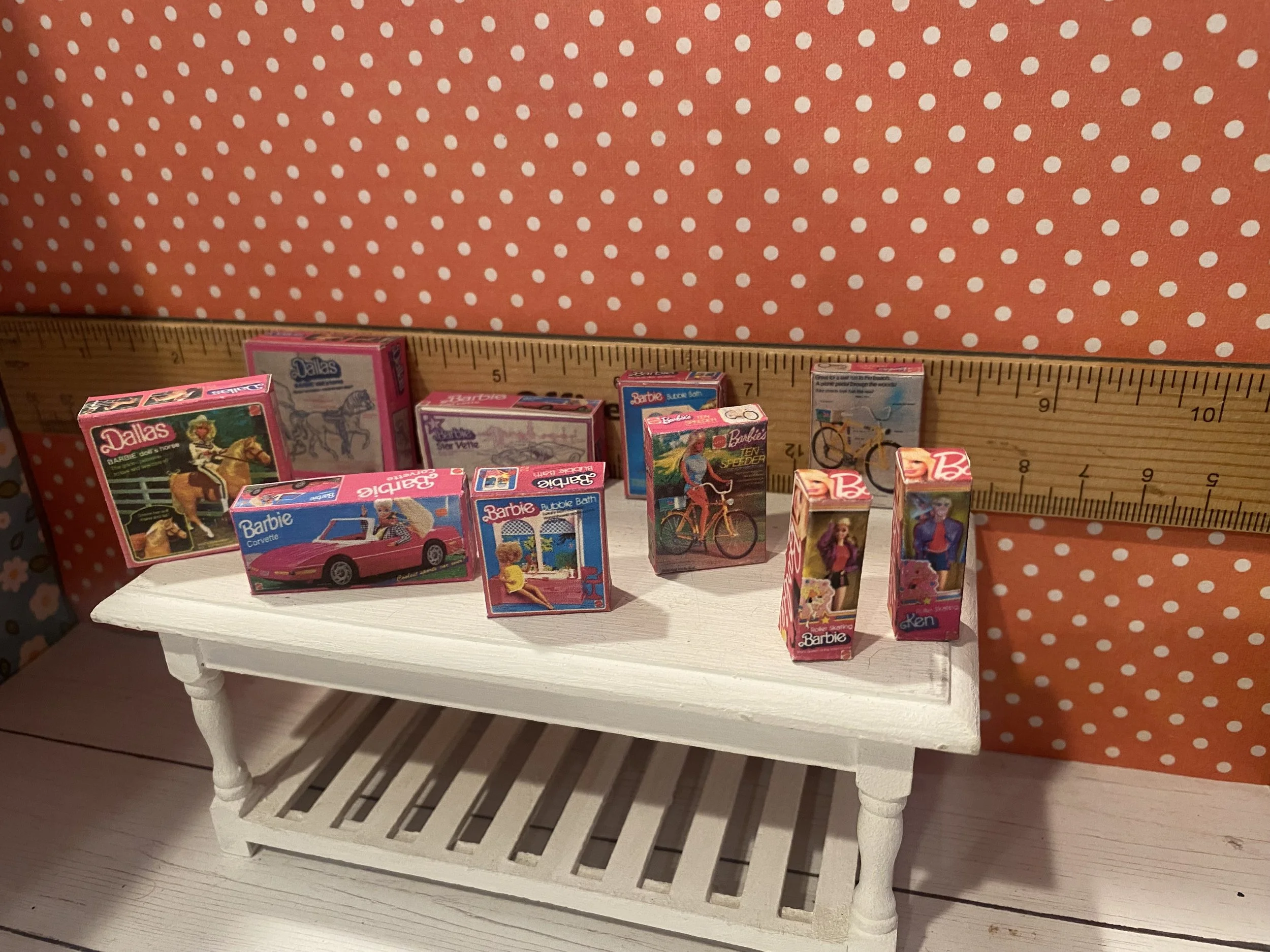 Miniature Barbie Dallas, Corvette, Bath, Barbie and Ken Doll Box, 1:12
