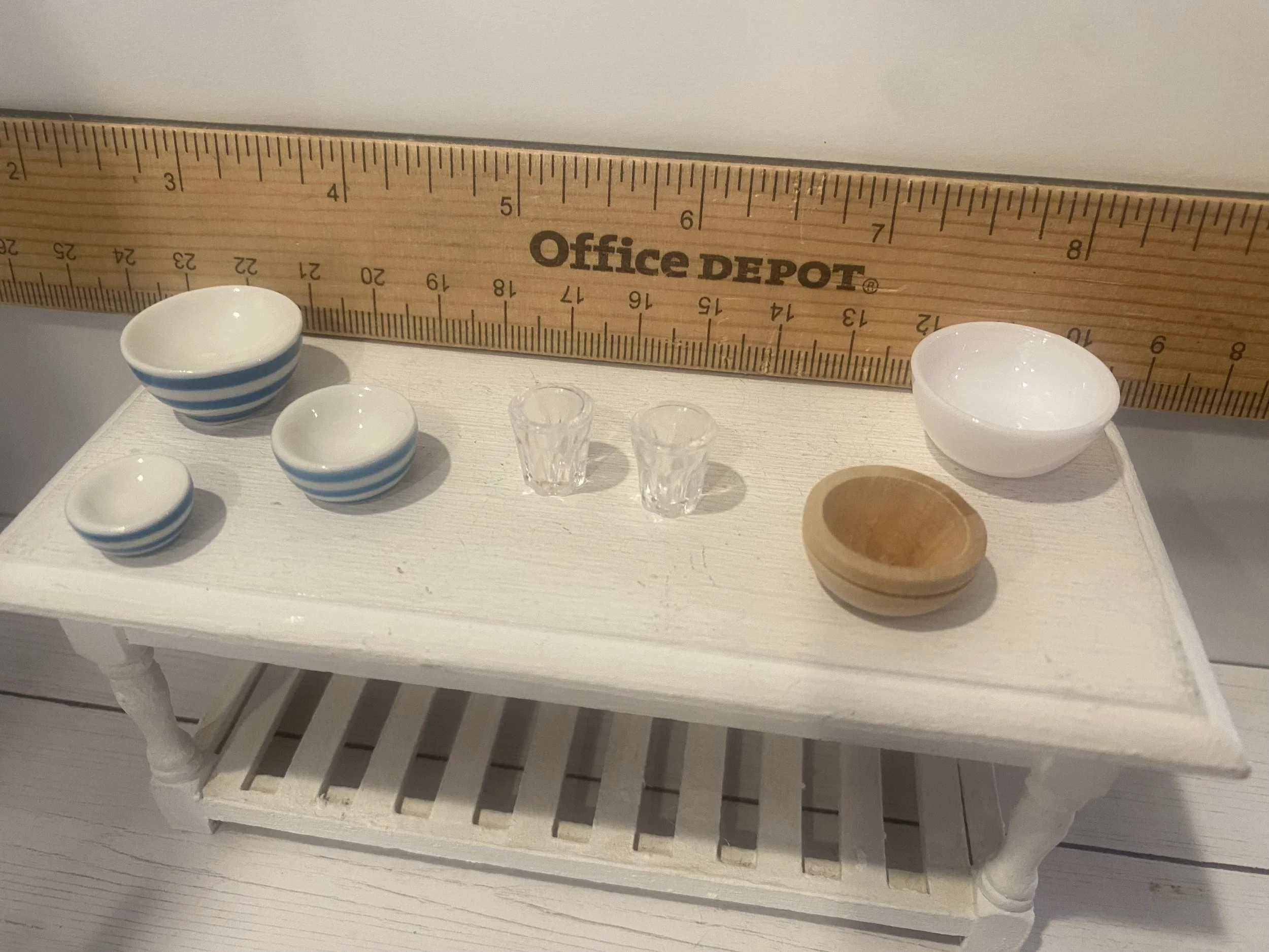 Blue Striped Bowls, Wood Bowl, Glasses, White Bowl, 1:12