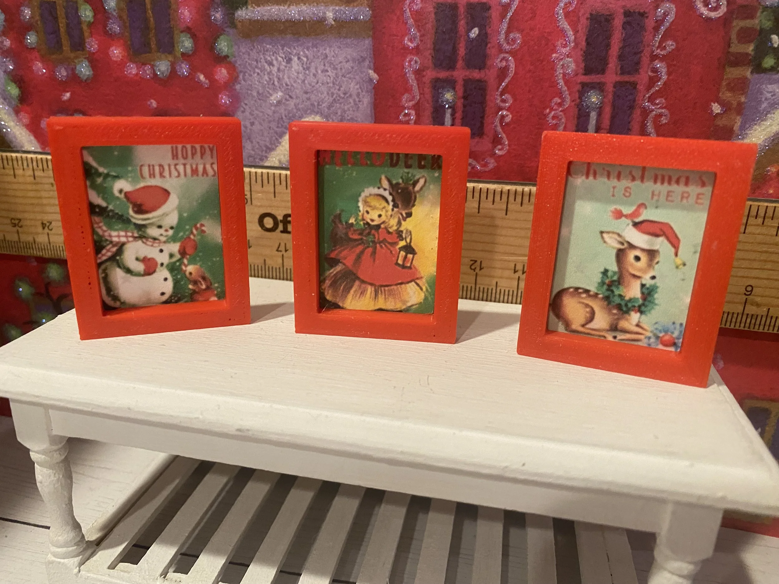 Miniature Set of 3 Red Framed Christmas Art, Snowman, Christmas Girl, Reindeer, 1:12