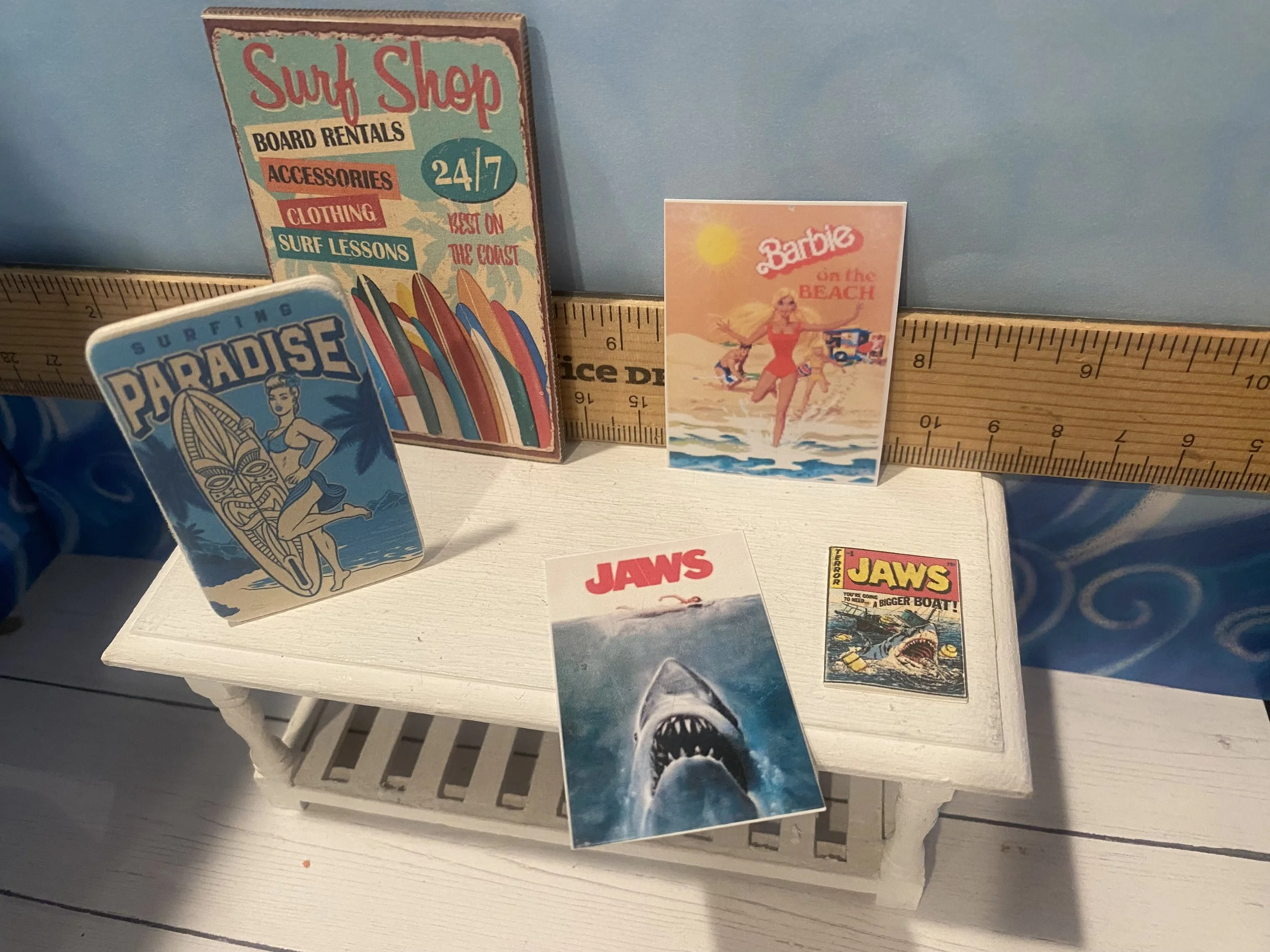 Miniature Surf Board Sign, Paradise Lady Sign, Malibu Fashion Doll Poster, Jaws Poster & Comic Book, 1:12