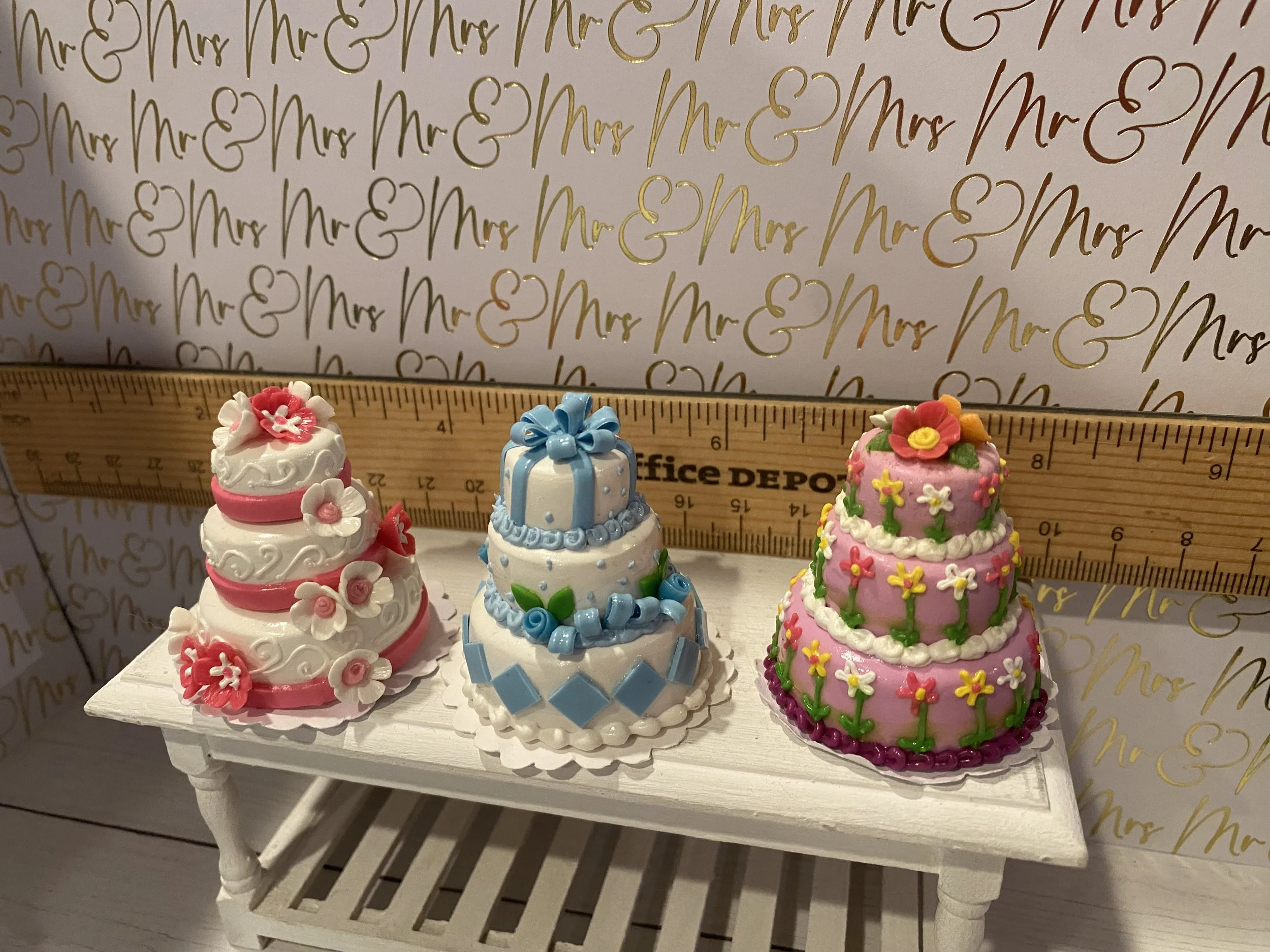 Miniature Three-Tiered Wedding Cakes, Assorted Designs, 1:12