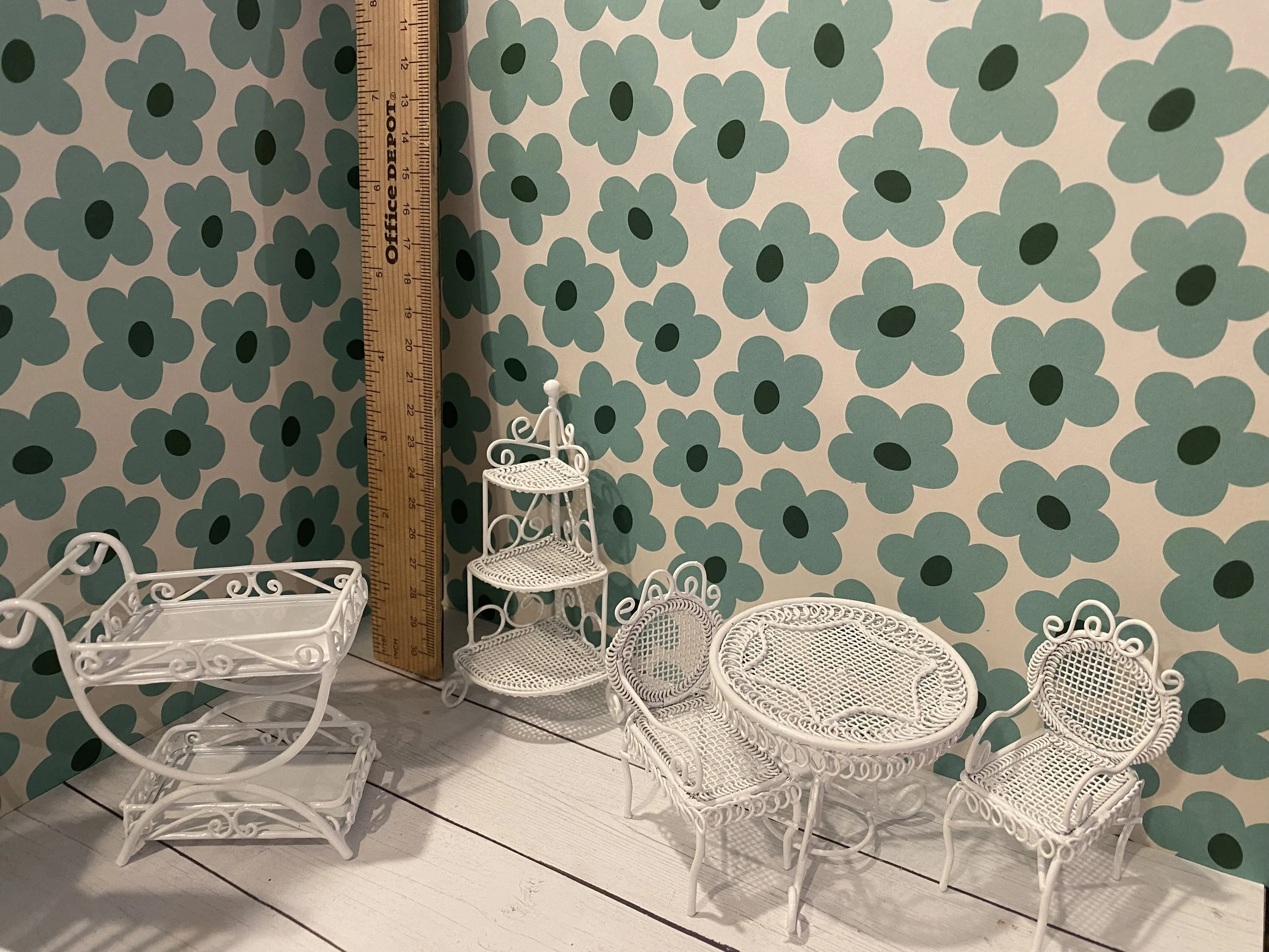 Miniature White Metal Table, Chairs, 3 Tier Shelf, Flower Cart, 1:12