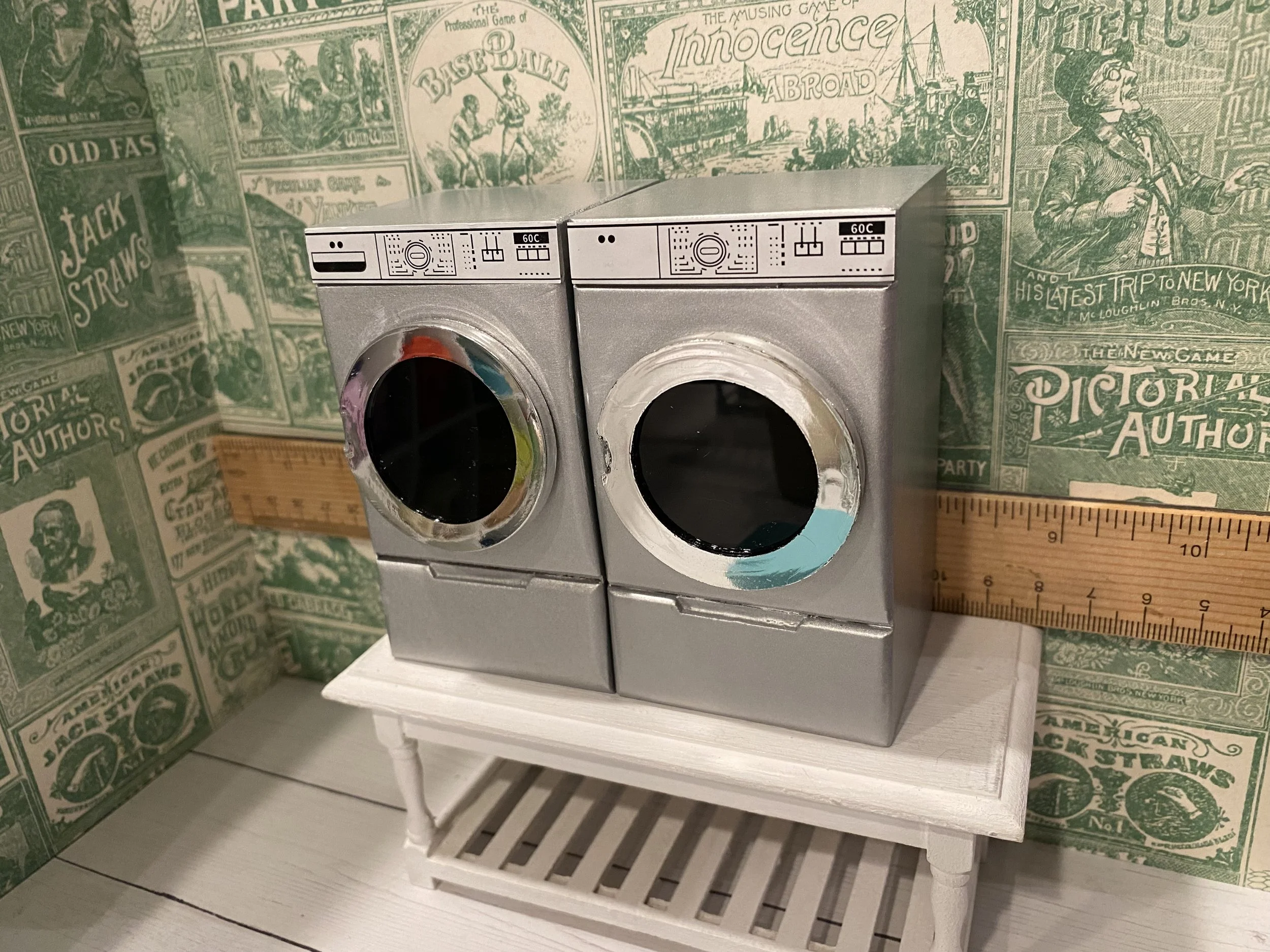 Miniature Silver Washing Machine and Dryer, 1:12
