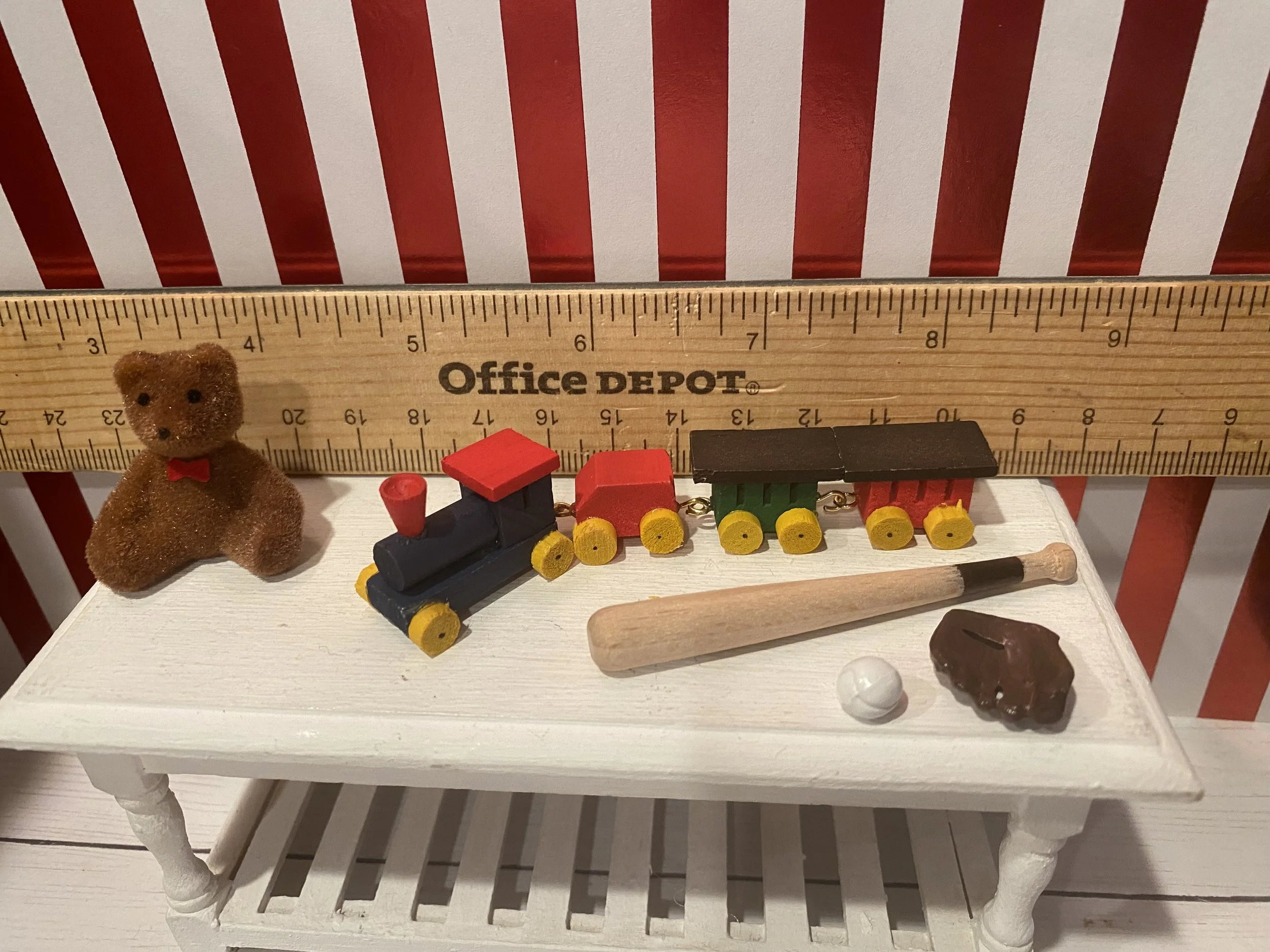 Miniature Christmas Teddy Bear, Baseball, Bat, Glove, Wooden Train, 1:12