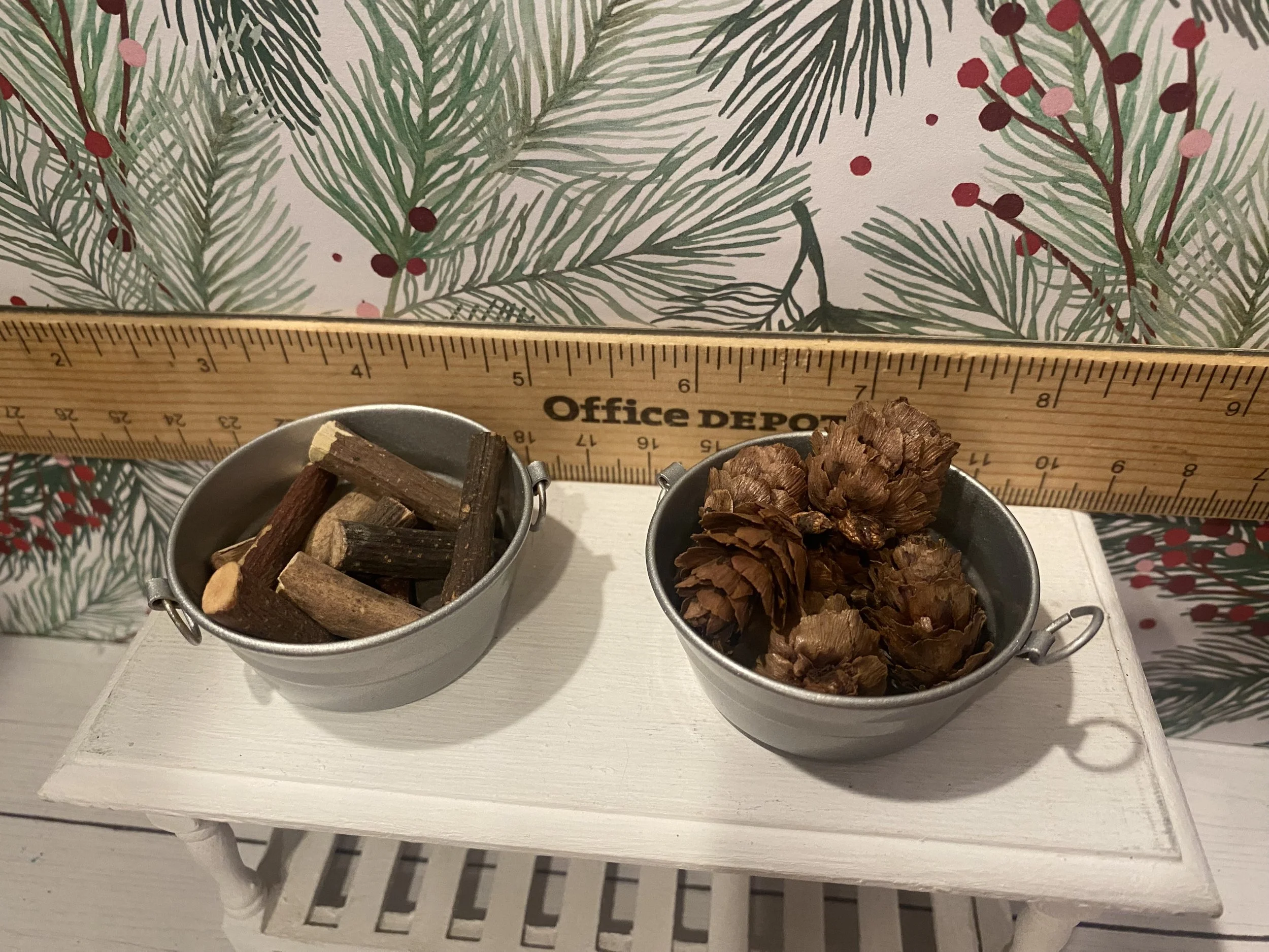Miniature Metal Tubs of Firewood and Pinecones, 1:12