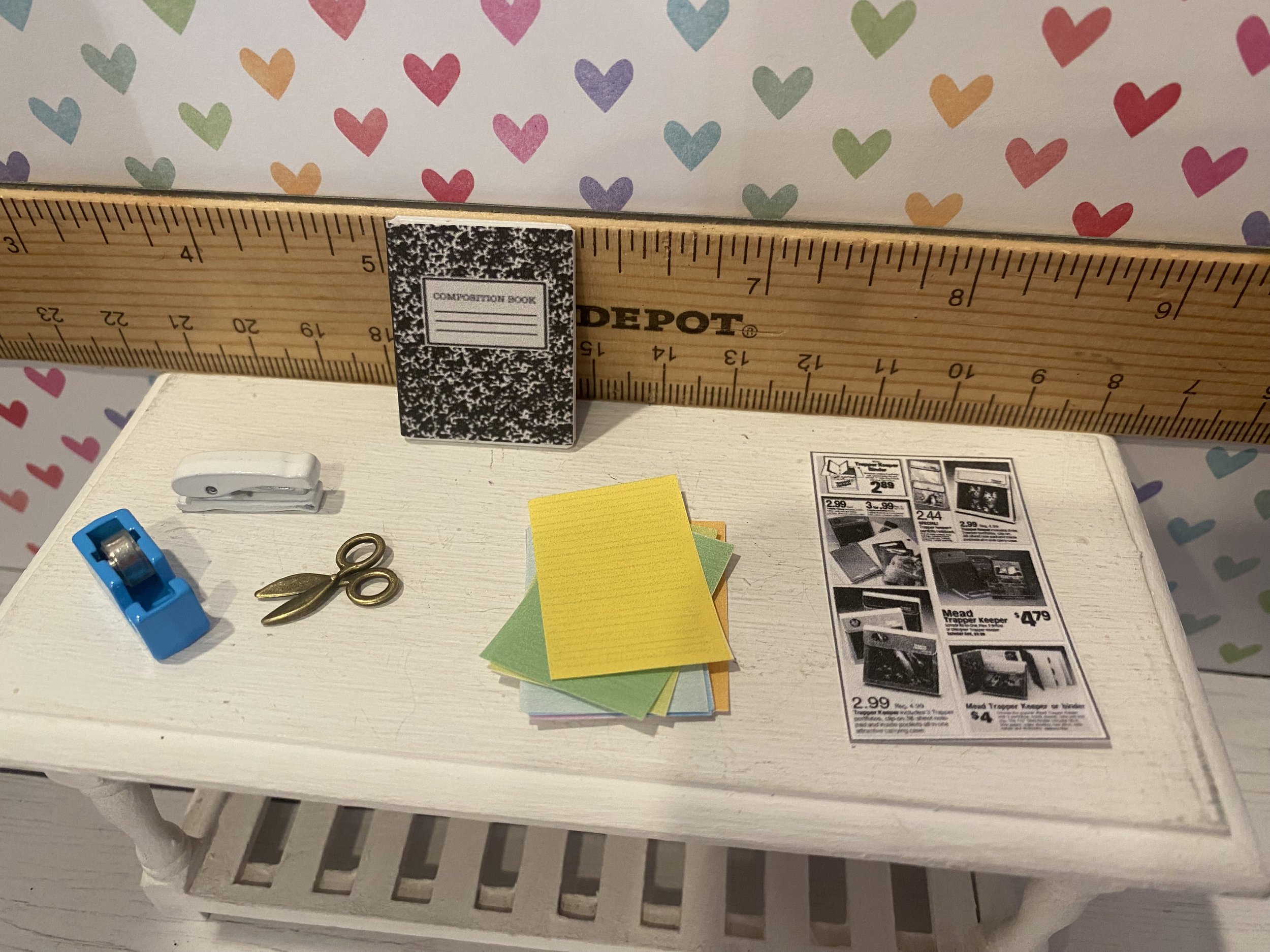 Miniature Blue Tape Dispenser, White Stapler, Scissors, Rainbow Colored Lined Paper, Trapper Keeper Ad, Composition Book, 1:12