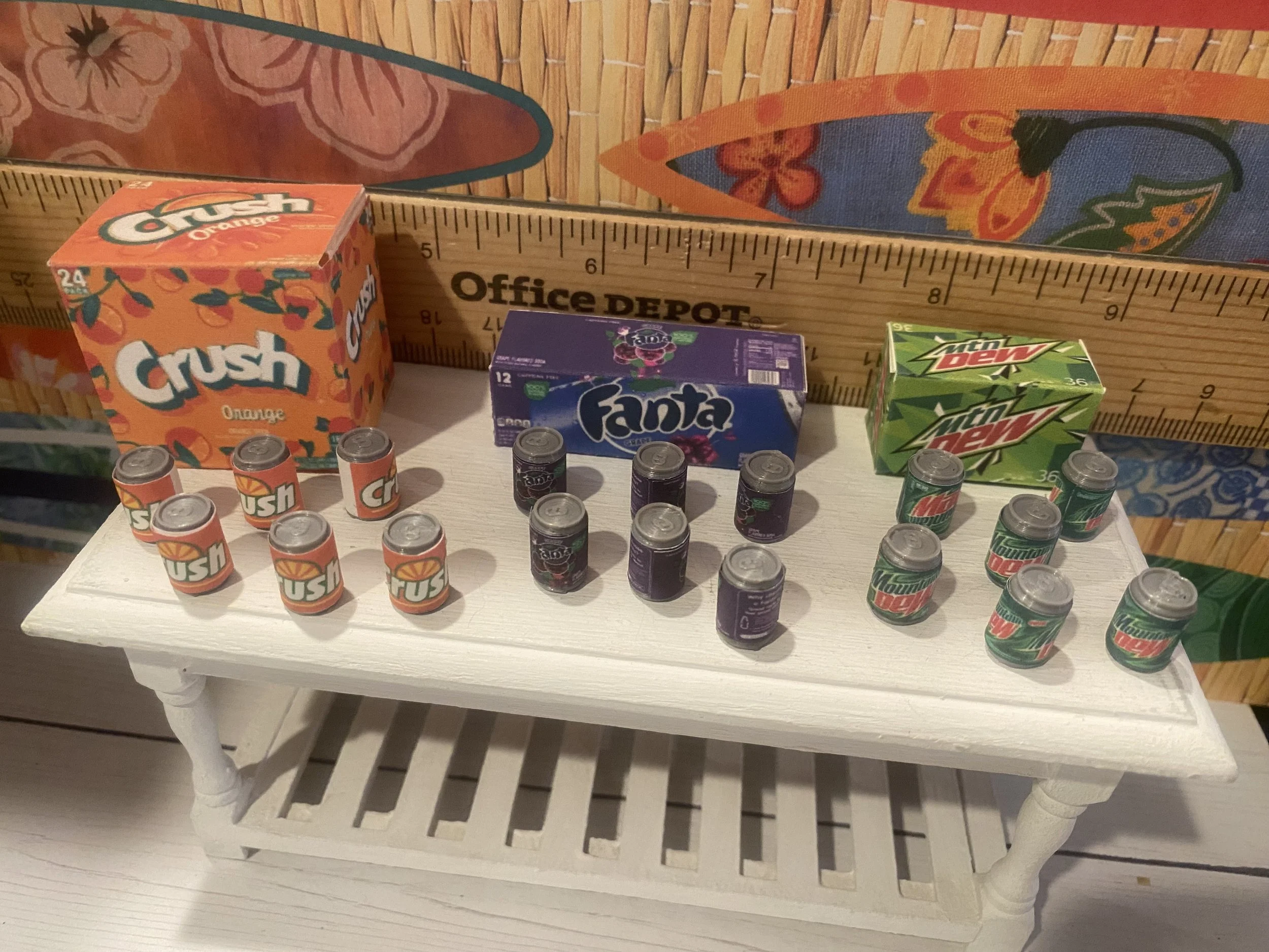 Miniature Orange Crush, Grape Fanta, Mountain Dew Soda Boxes w/6 Cans, 1:12