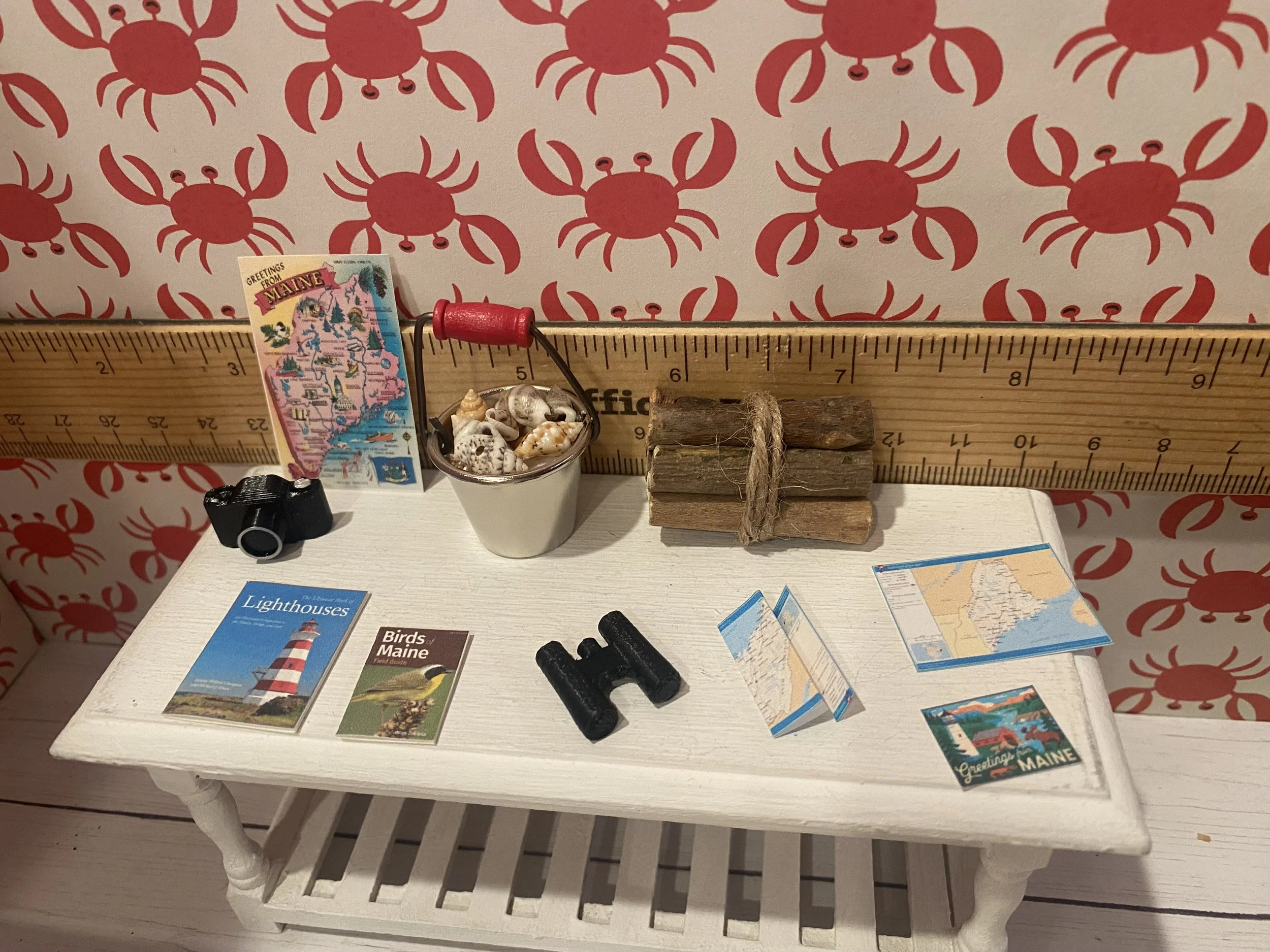 Miniature Maine Map, Maine Poster, Camera, Binoculars, Firewood, Bucket of Seashells, Lighthouse and Birding Book, 1:12