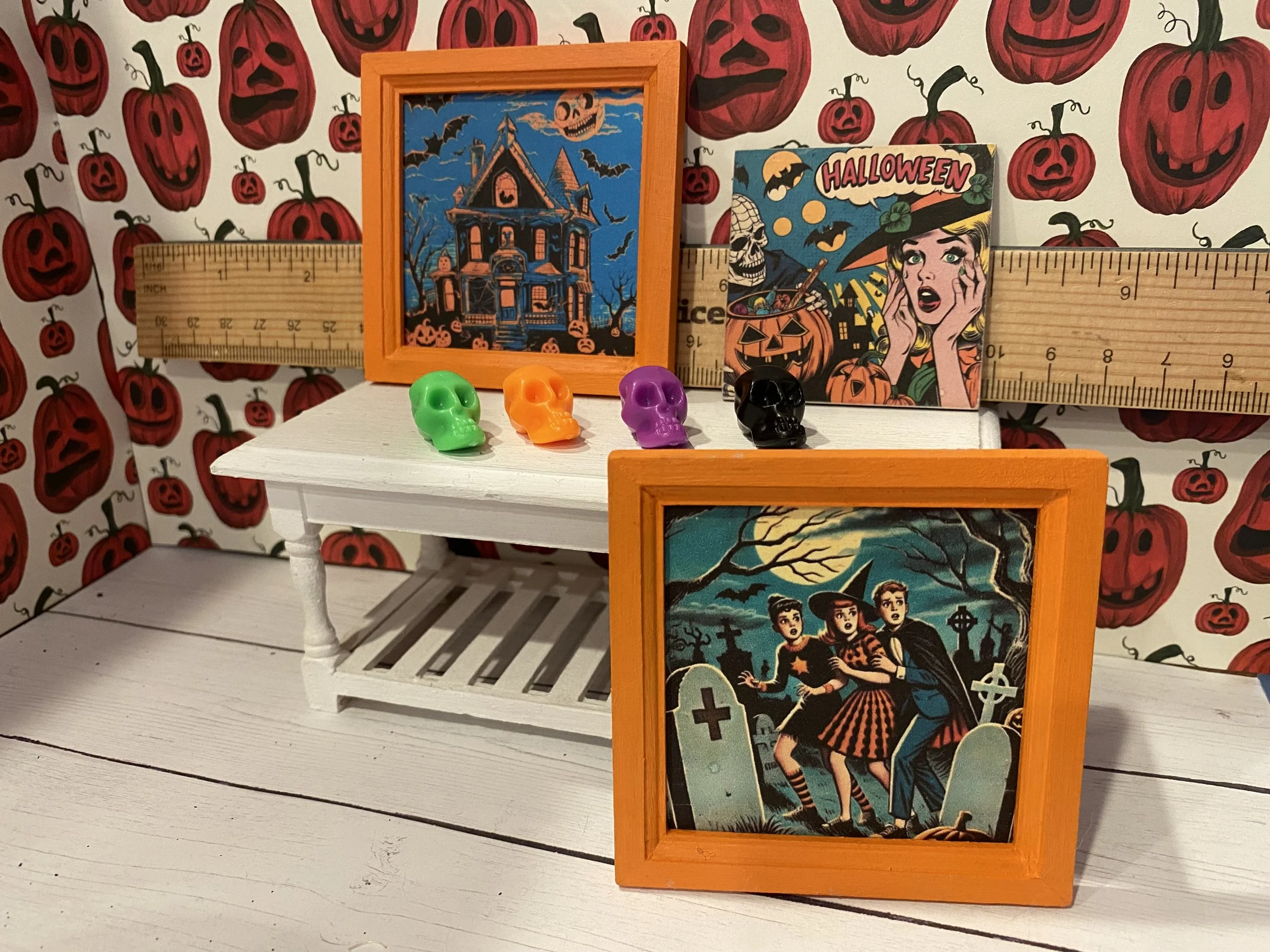 Miniature Halloween Art and Signs, Orange, Purple, Green, Black Skull, 1:12