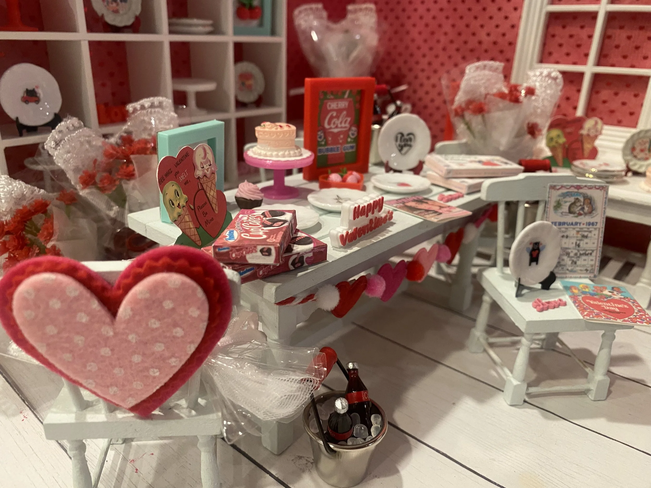 Miniature Valentine Dishes, Cherry Tea Set, Heart Banner, Art, 1:12