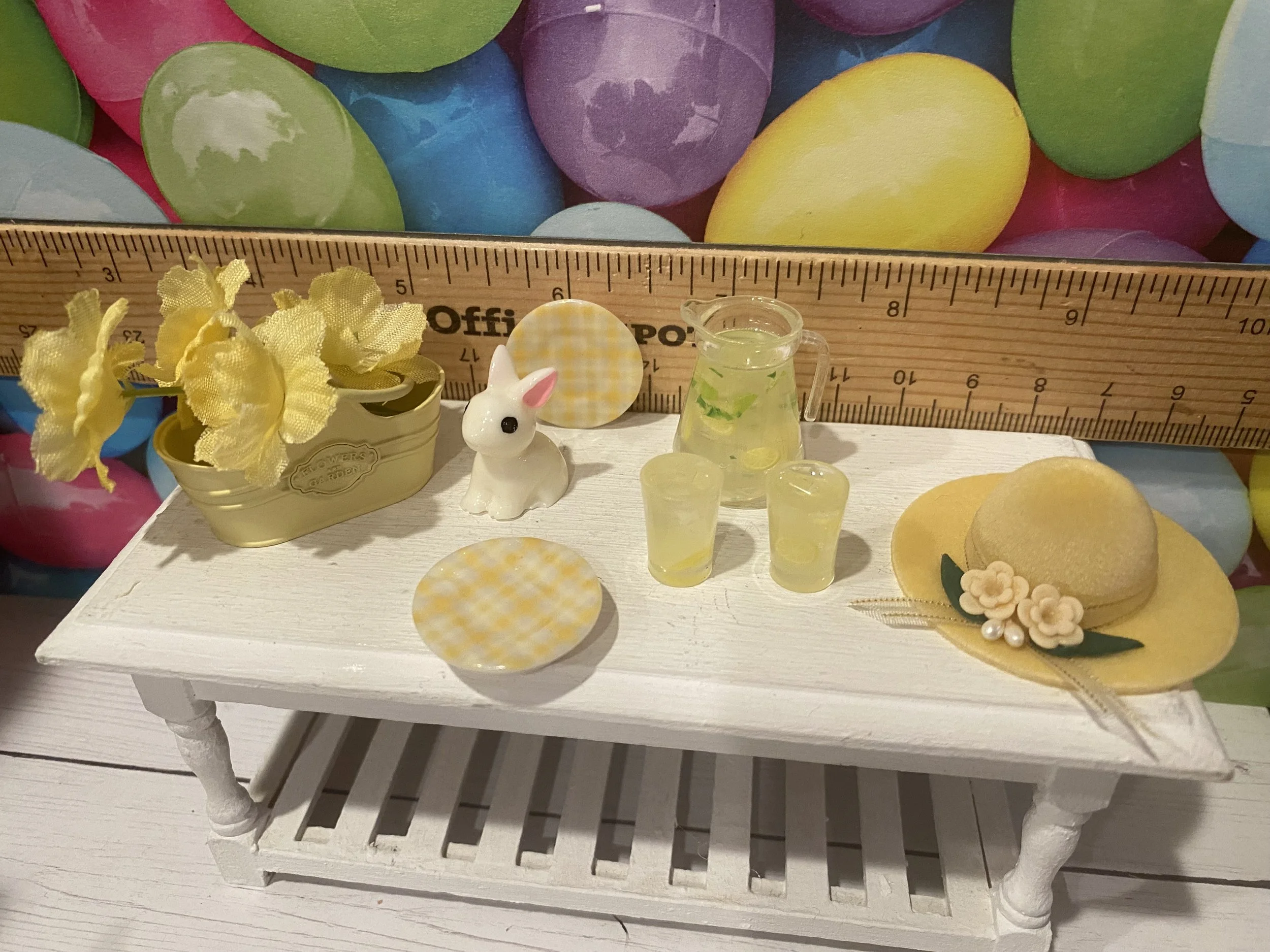 Miniature Yellow Bucket w/Flowers, Gingham Plate, Lemonade, White Rabbit, Spring Bonnet, 1:12