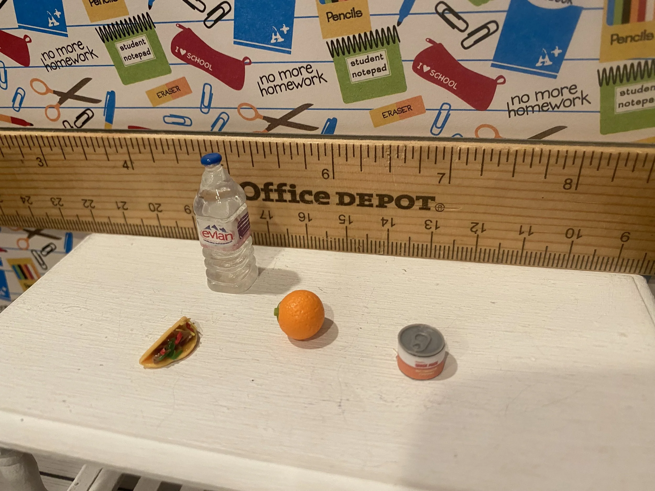 Miniature 80's Lunch Food, Taco, Orange, Soda, Can of Pudding, 1:12