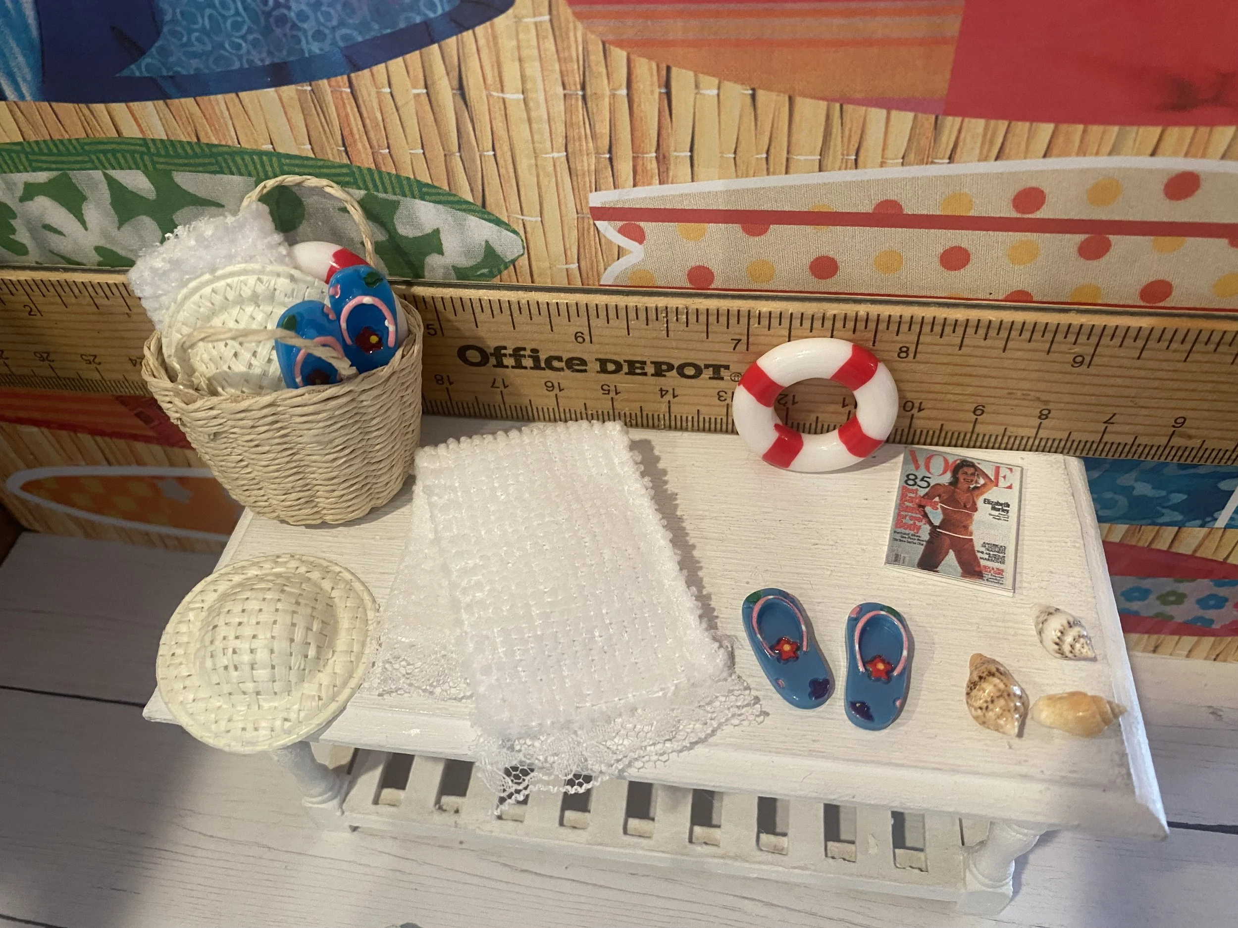 Miniature Beach Bag Set w/Towel, Life Ring, Magazine, Flip Flops, 1:12