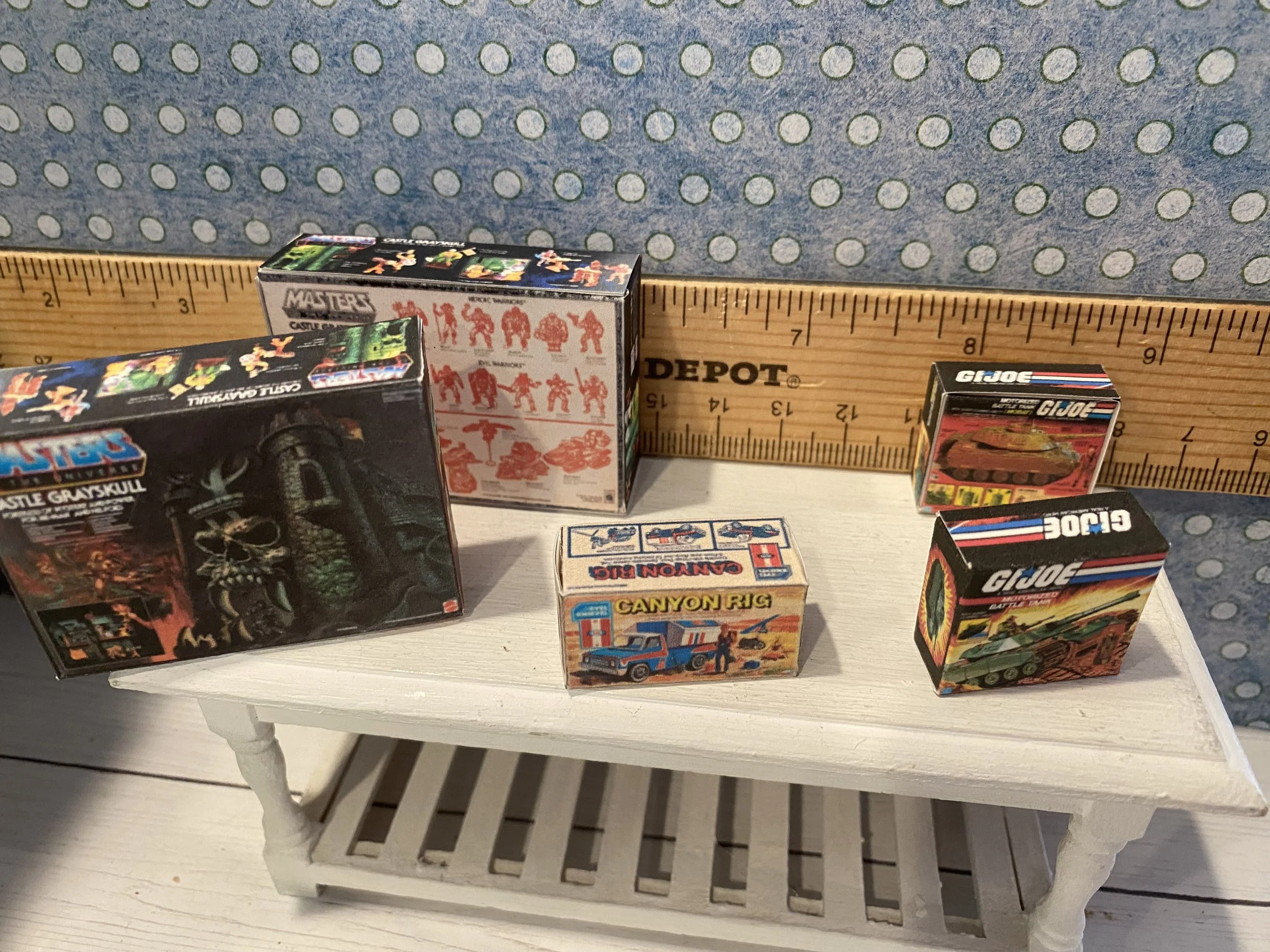 Miniature Castle Greyskull, Evil Knievel Rig, GI Joe Box, 1:12