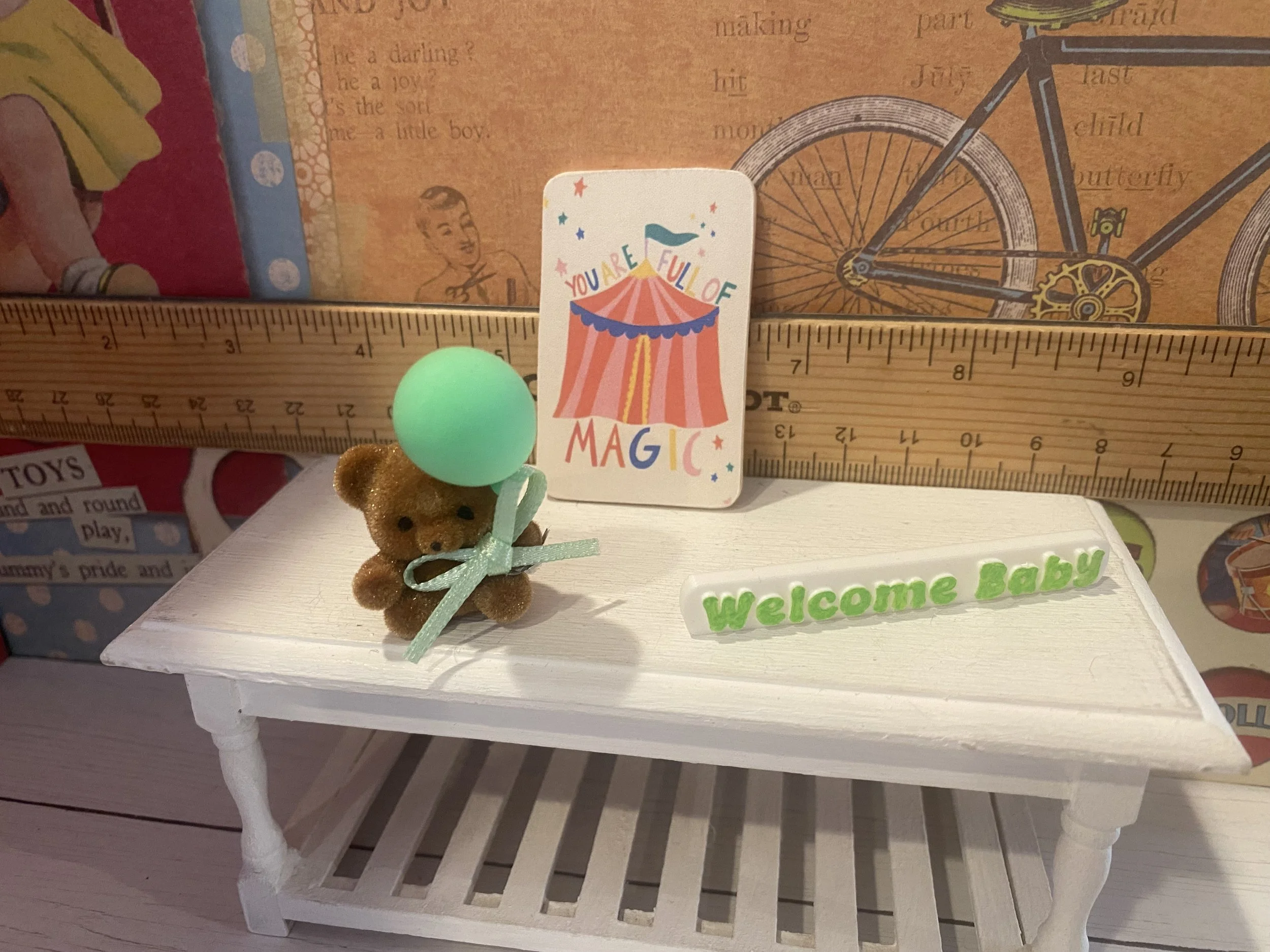 Miniature Welcome Baby Pack, Bear with Balloon, Word Art, Sign, 1:12