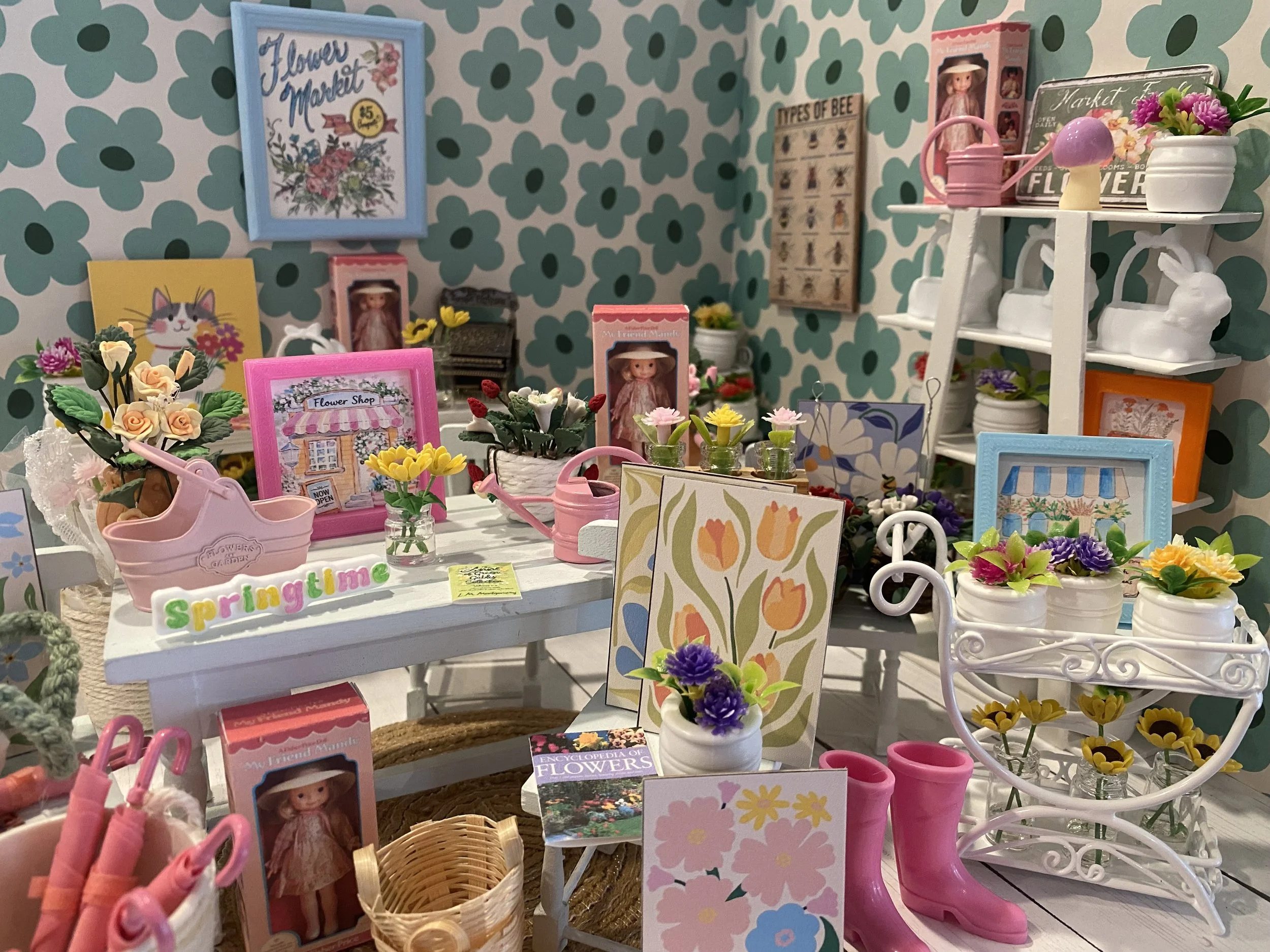 Miniature Spring Flower Shop, Daisy's Dollhouse Flower Cart & Accessories, 1:12