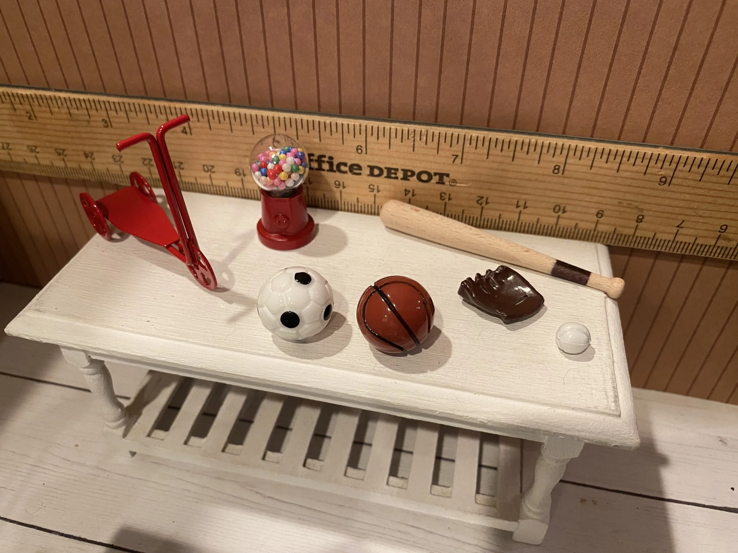 Miniature Scooter, Gumball Machine, Basketball, Soccer Ball, Baseball, Glove, Bat, 1:12