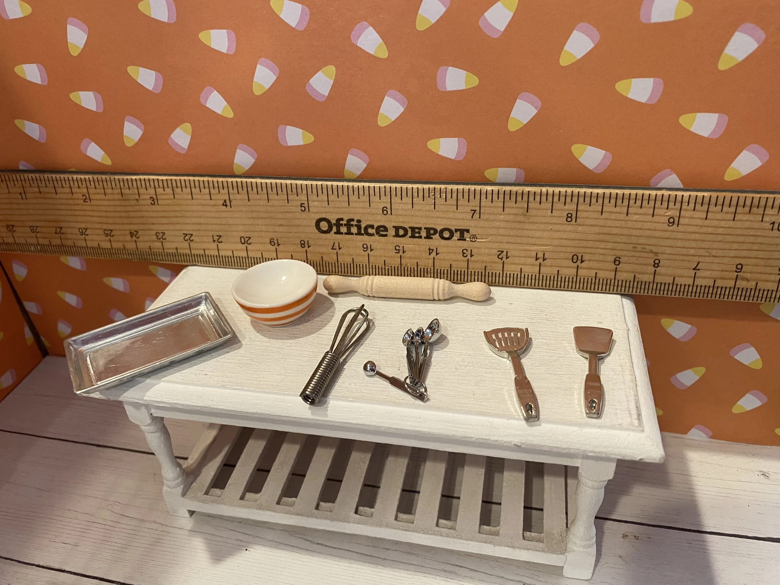 Miniature Baking Supplies, Whisk, Cookie Sheet, Orange Striped Bowl, Measuring Spoons, Rolling Pin, 1:12