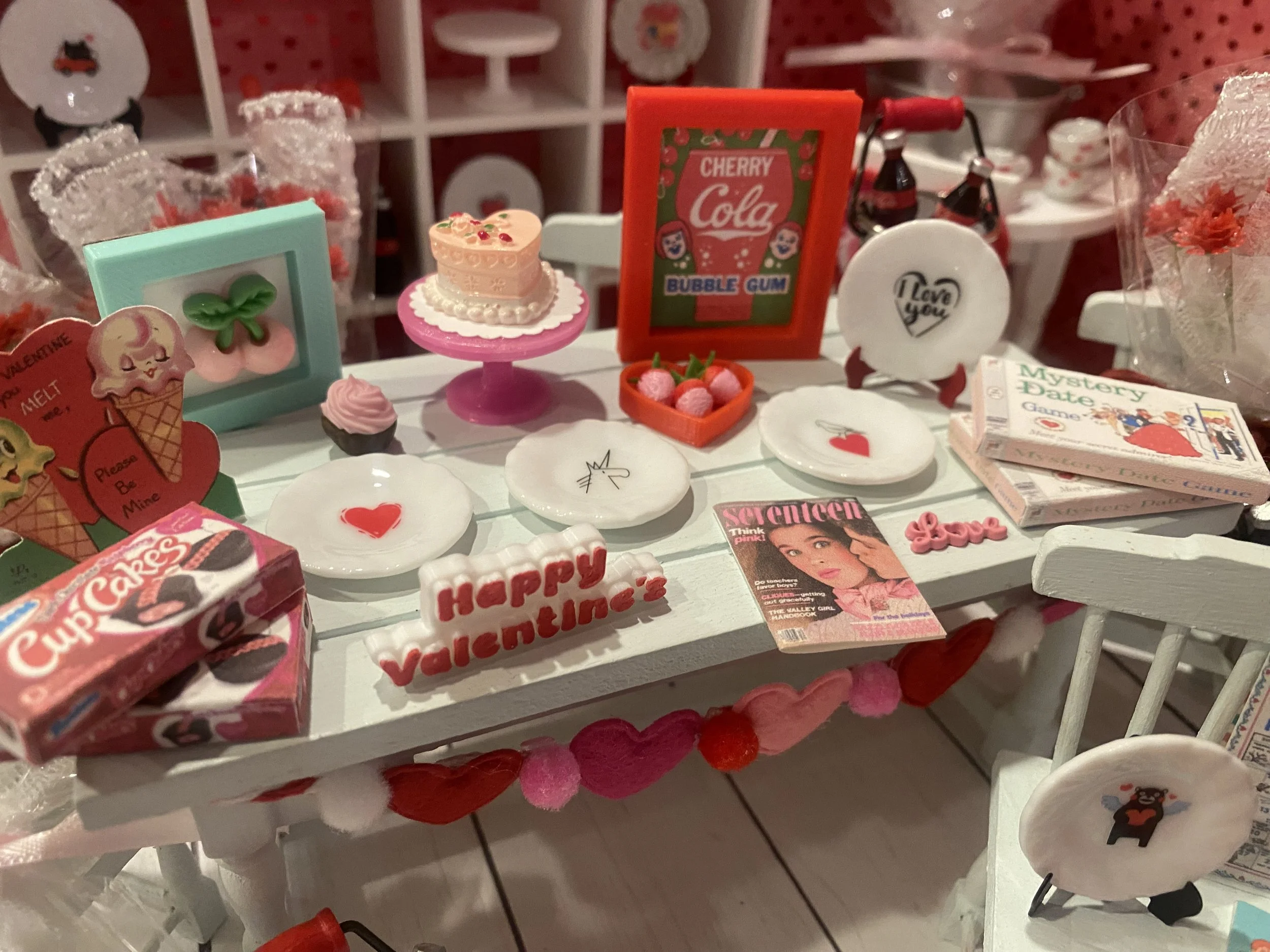 Miniature Valentine Dishes, Cherry Tea Set, Heart Banner, Art, 1:12