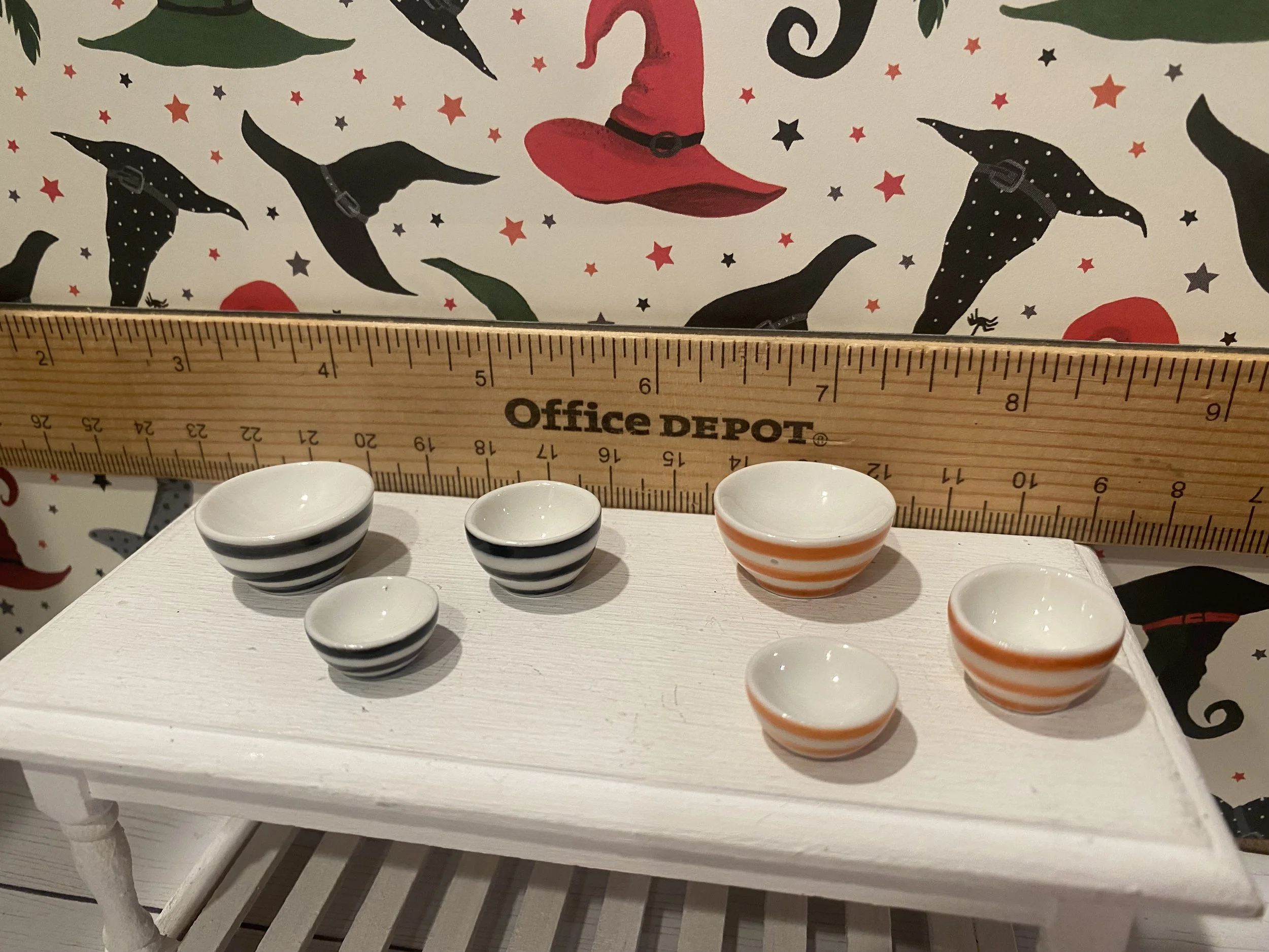 Miniature Orange and Black Striped Bowls, 1:12