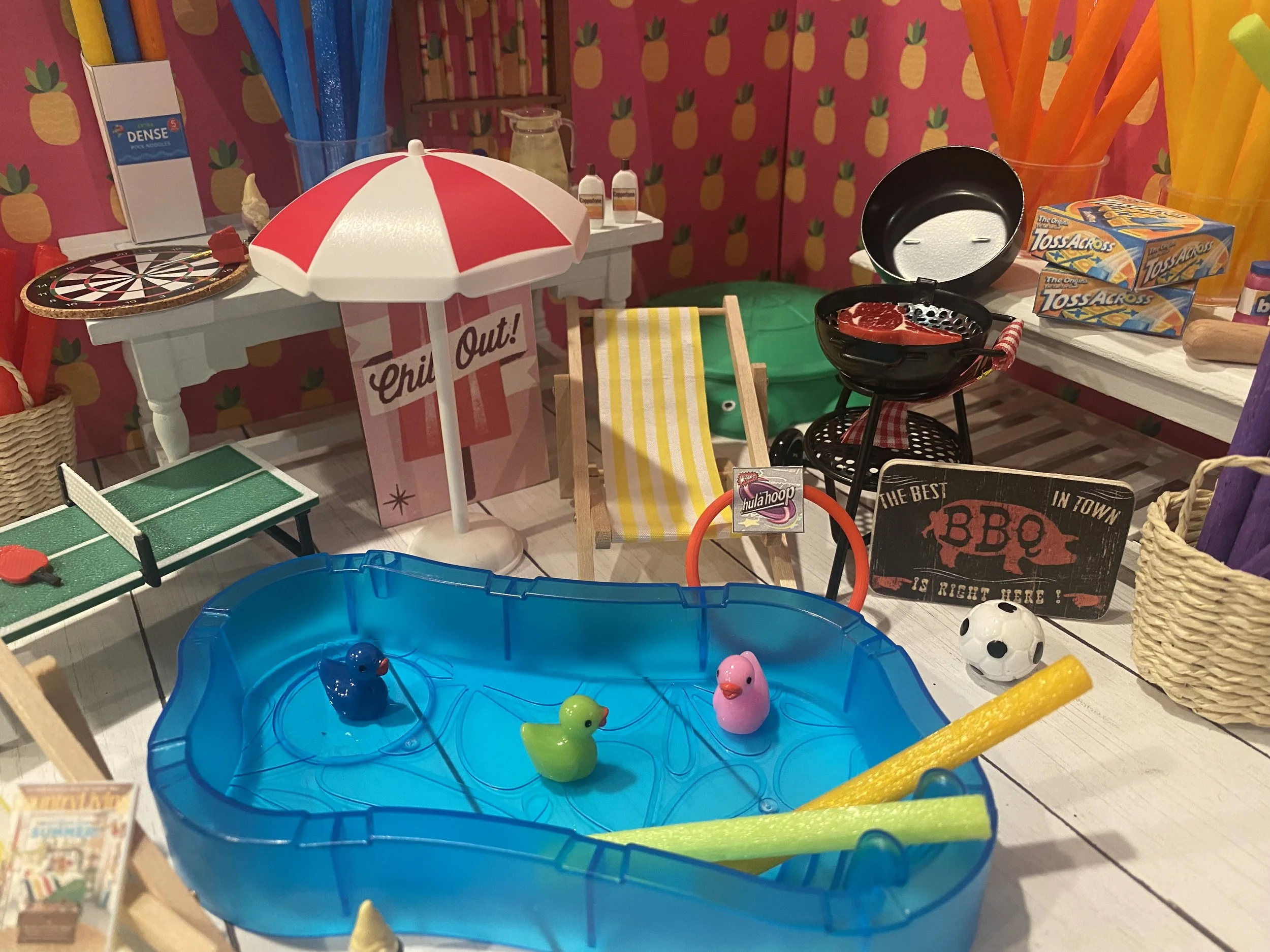Miniature Backyard Toys, Dollhouse Outdoor Accessories, 1:12, Pool, Swim Noodles, Sand Box, Dart Board, Croquet, Ping Pong Table, Hula Hoop
