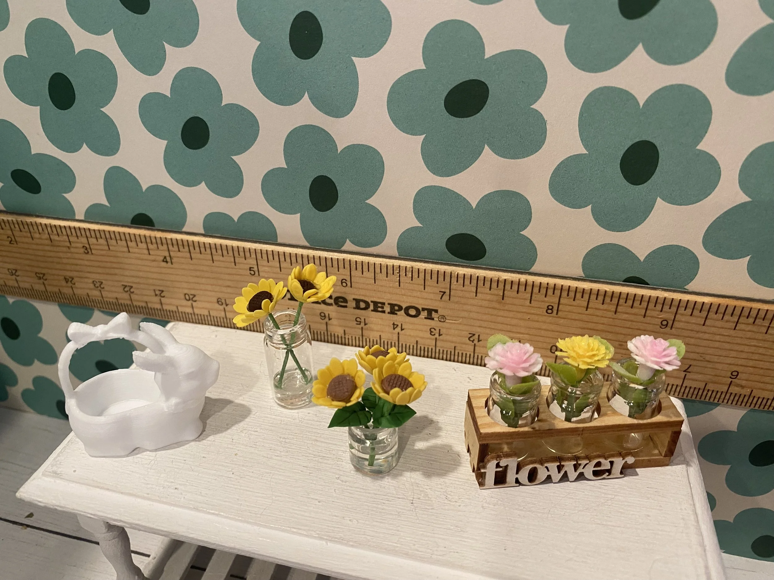 Miniature White Bunny Basket, Sunflowers in Jars, Flowers in Wood Display w/Etched Word, 1:12