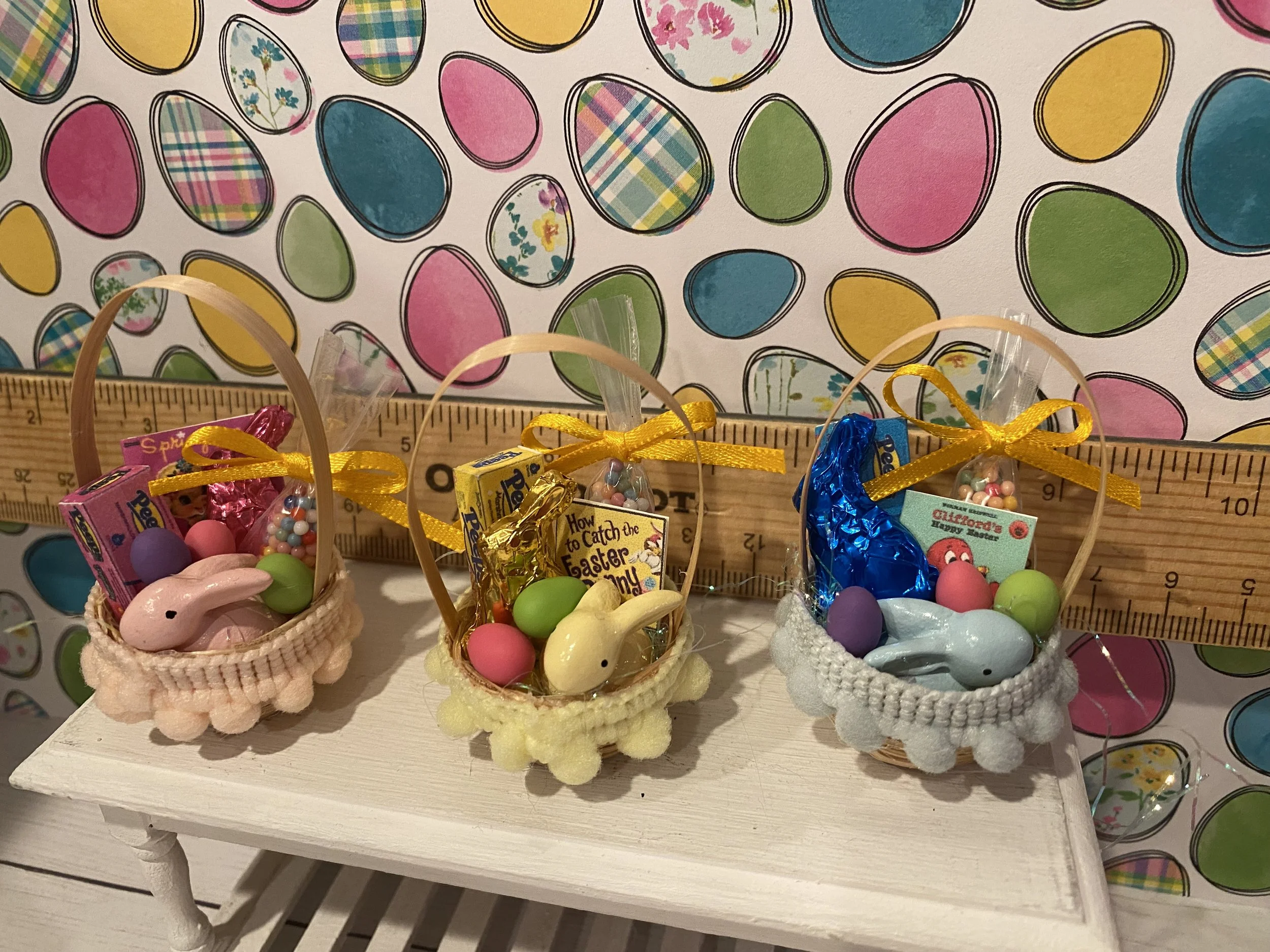 Miniature Easter Baskets, Easter Eggs, Chocolate Bunnies, Candy, 1:12