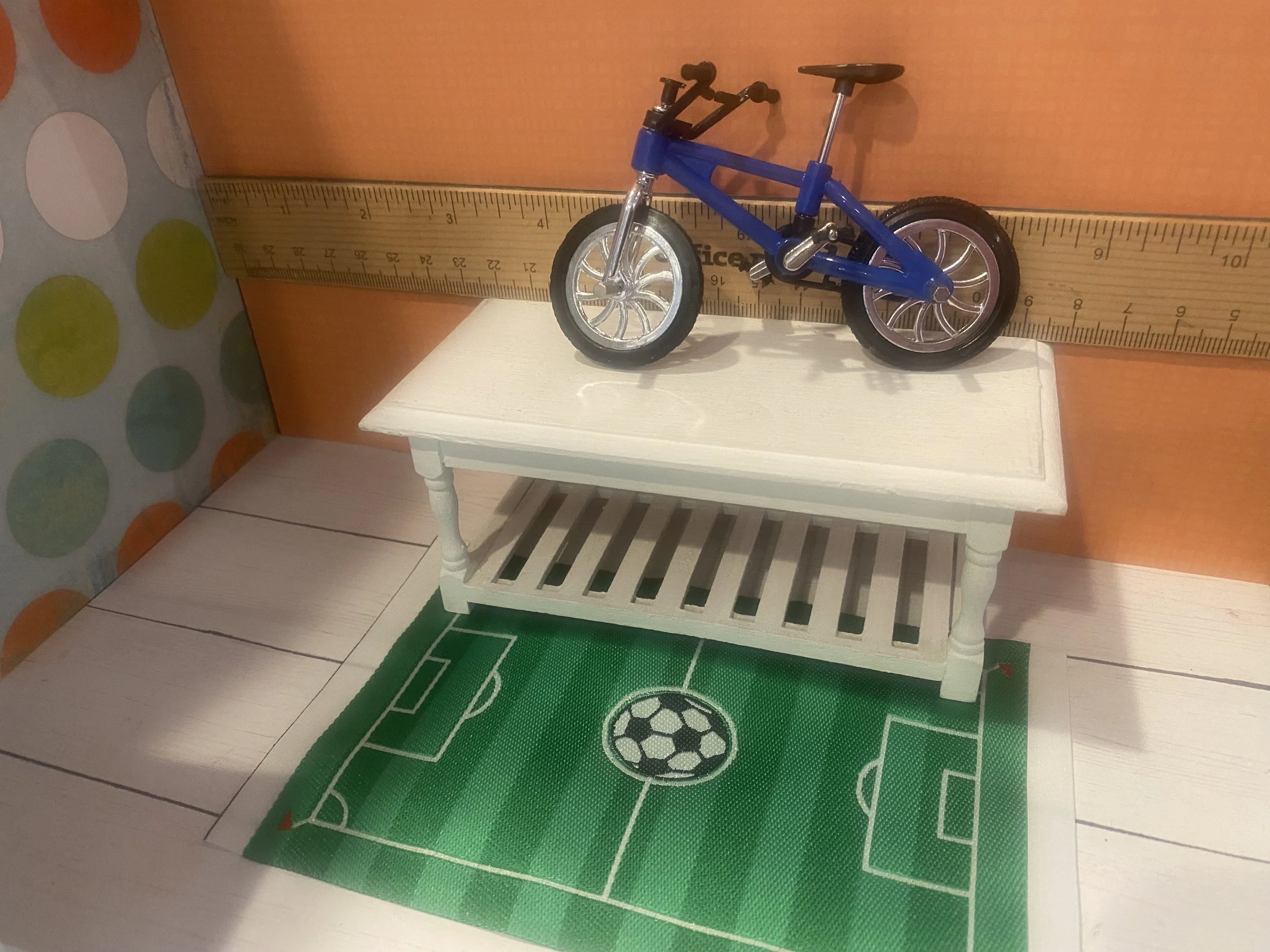Miniature Blue Bike and Soccer Rug, 1:12