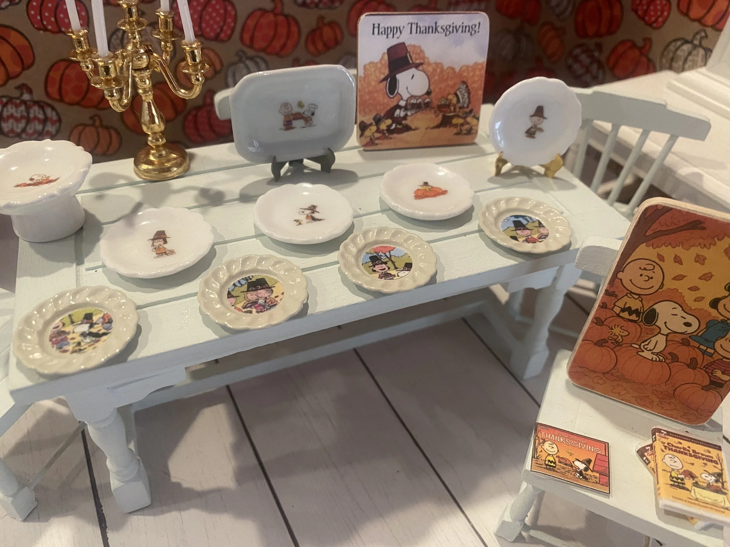 Miniature Peanuts Thanksgiving Dishes, Wood Sign, Popcorn, Toast, 1:12