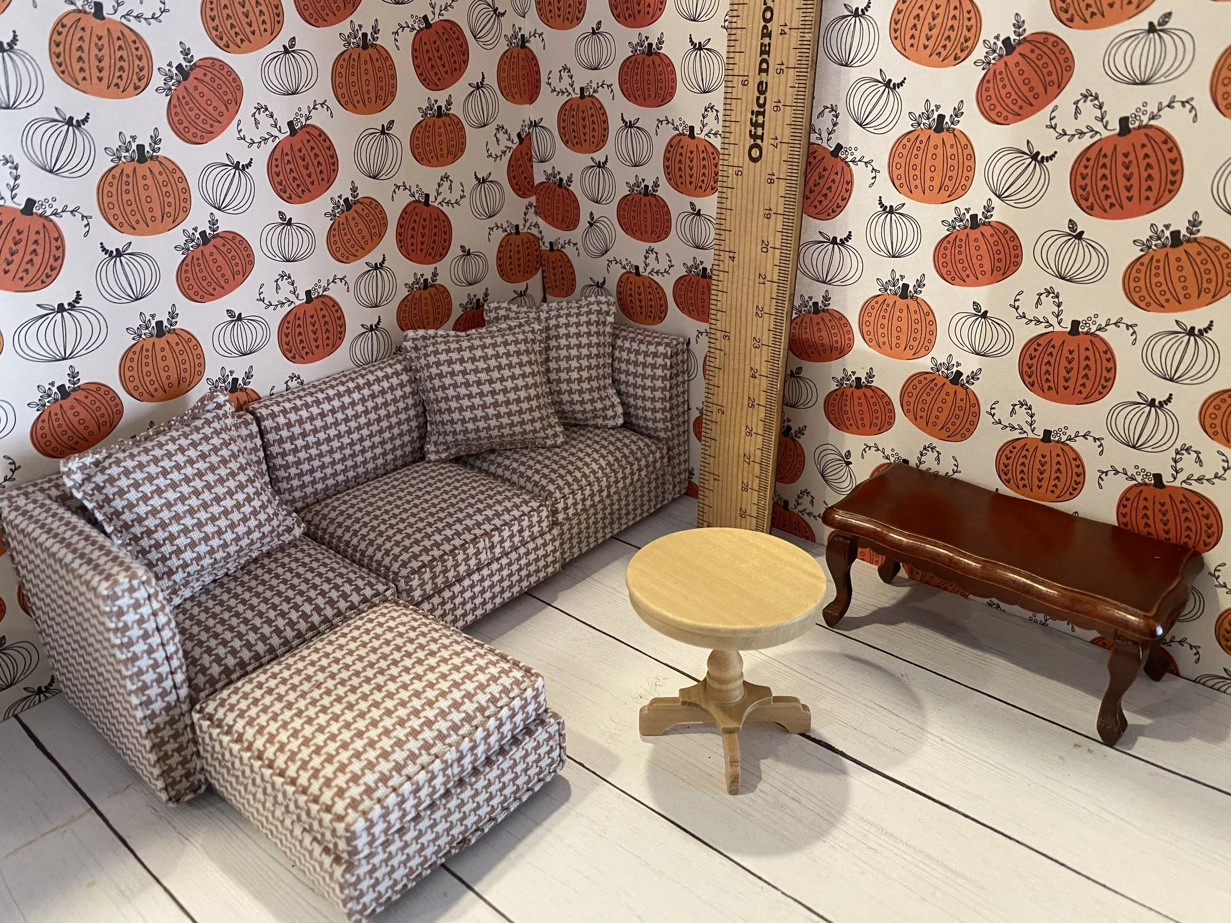Miniature Brown Checked Couch, Side Table, Coffee Table, 1:12