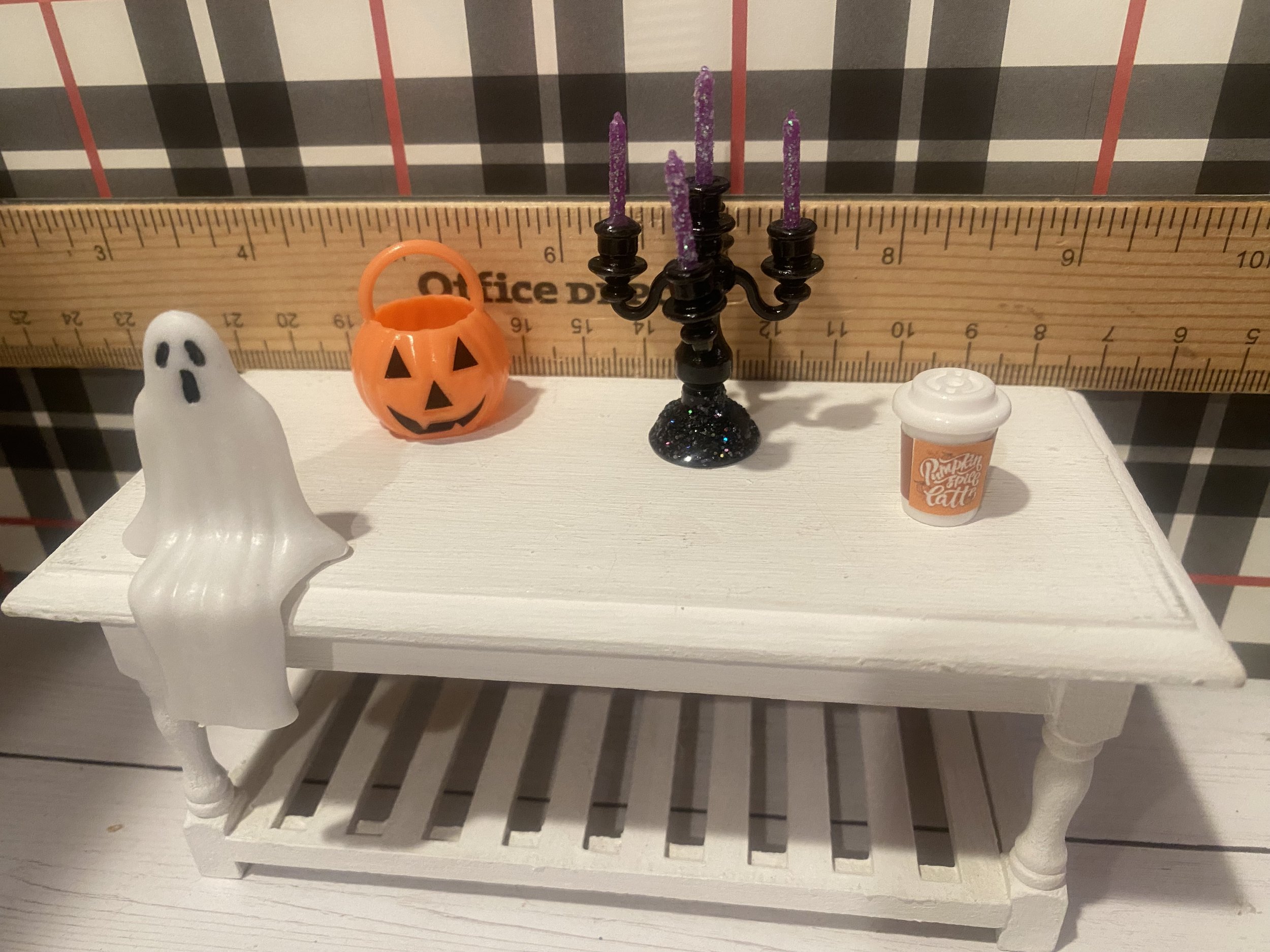 Miniature Sitting Ghost, Vintage Halloween Pail, Purple and Black Candelabra, Pumpkin Spice Latte, 1:12