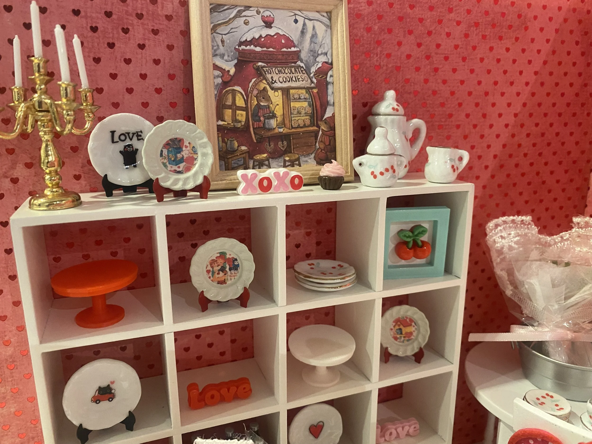 Miniature Valentine Dishes, Cherry Tea Set, Heart Banner, Art, 1:12