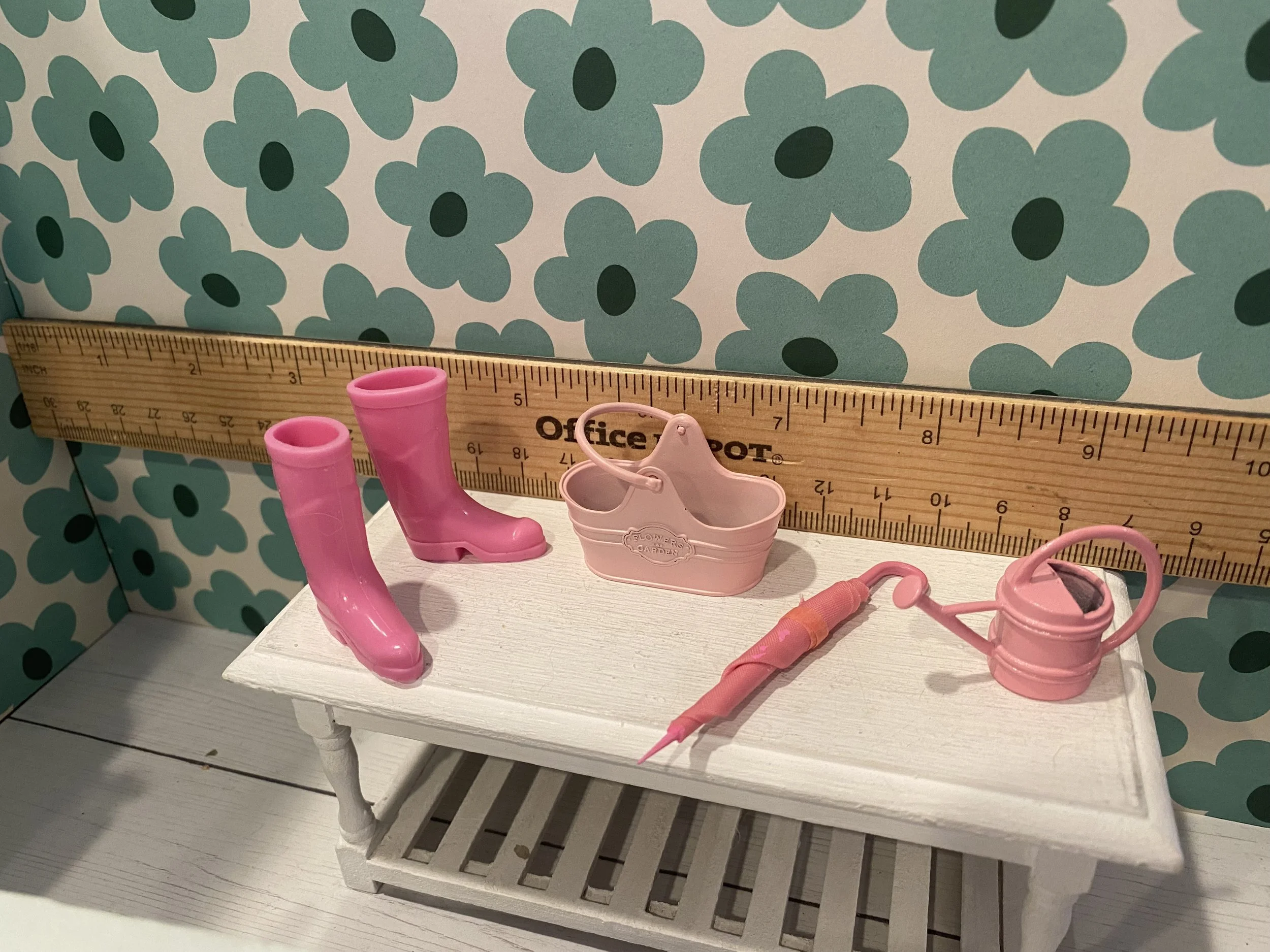 Miniature Pink Wellies, Umbrella, Metal Bucket, Watering Can, 1:12