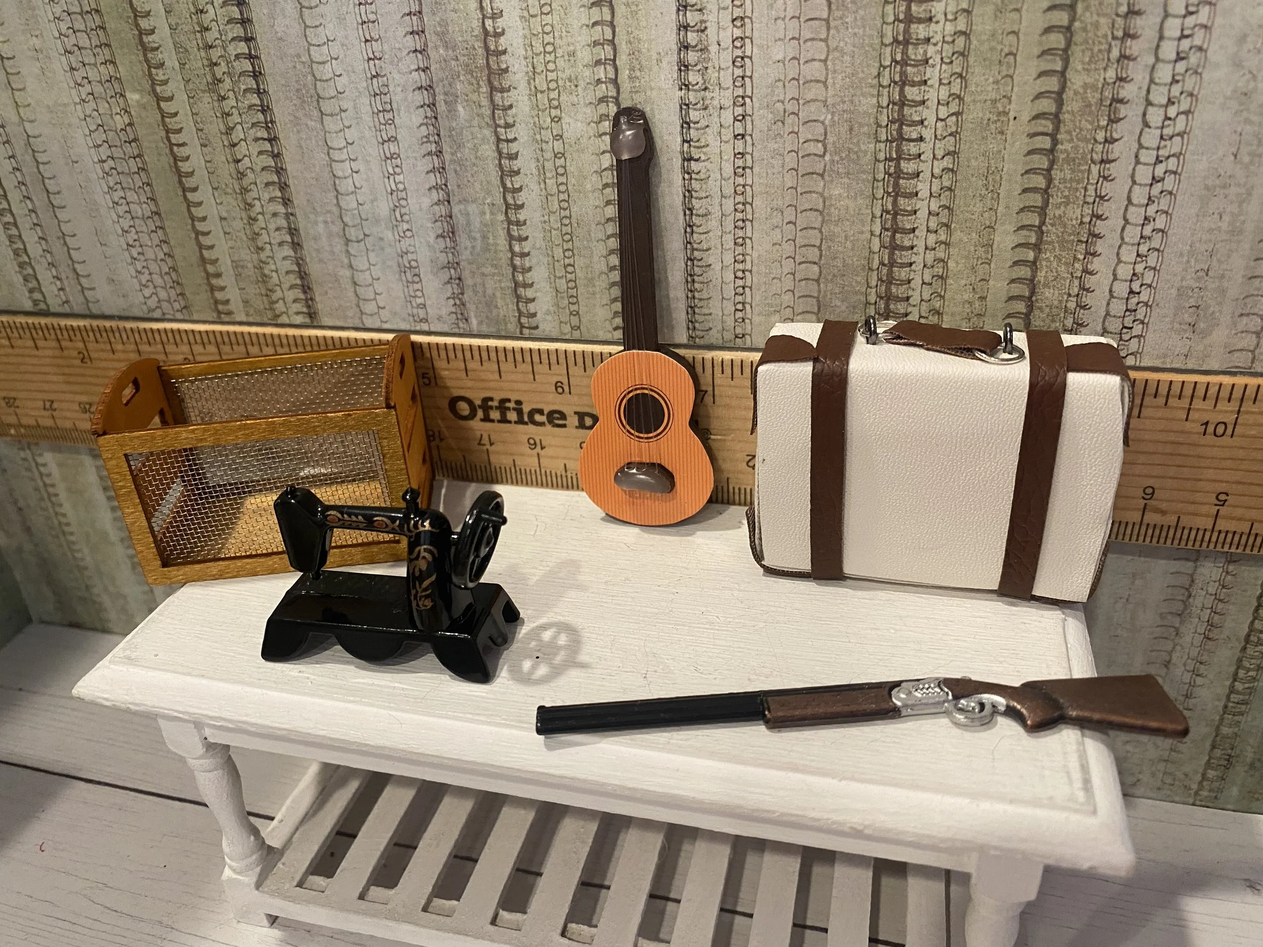 Miniature Suitcase, BB Gun, Guitar, Sewing Machine, Crate w/Mesh, 1:12