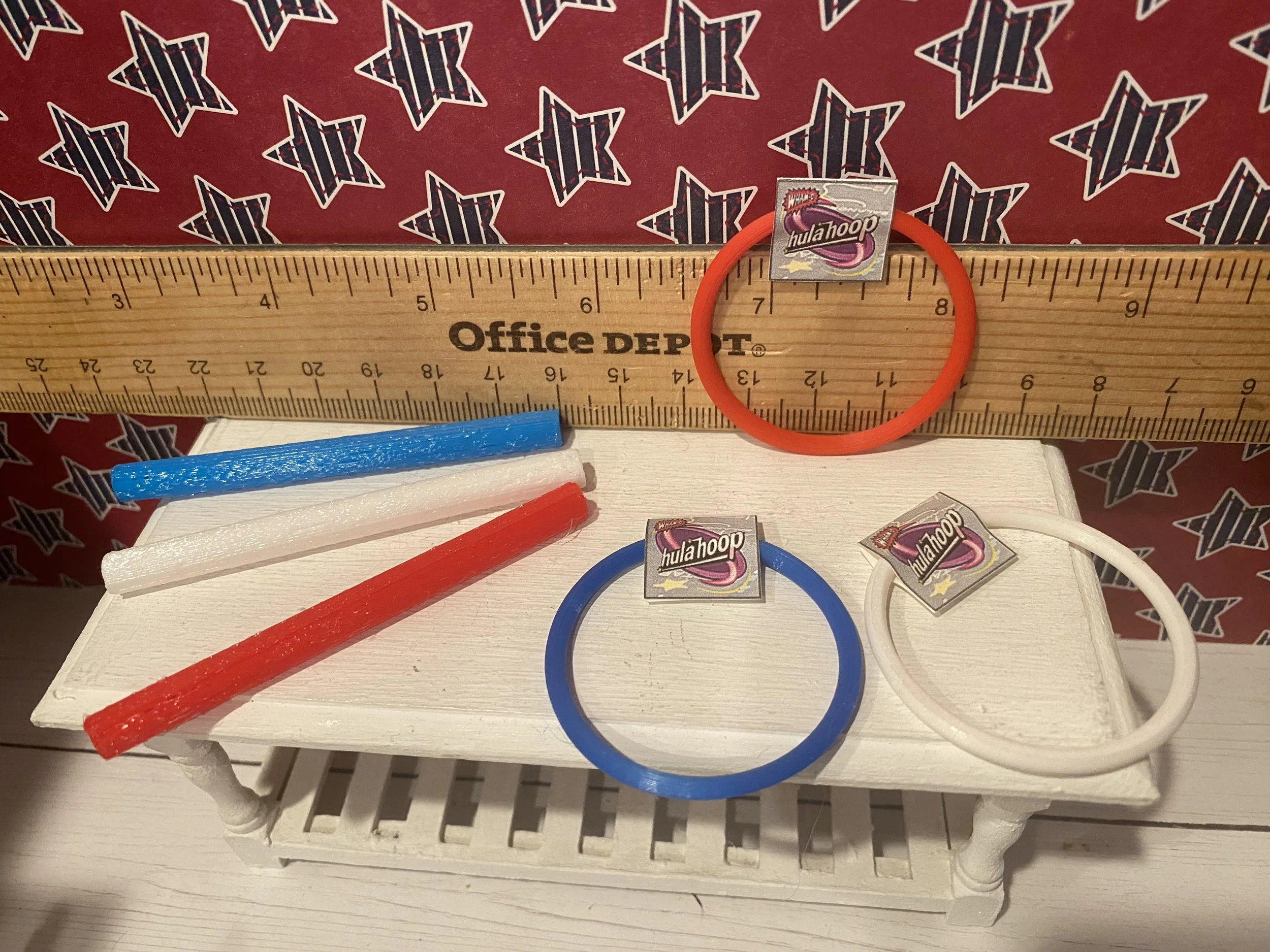 Miniature Patriotic Pool Noodles, Hula Hoop, Red, White, Blue, 1:12