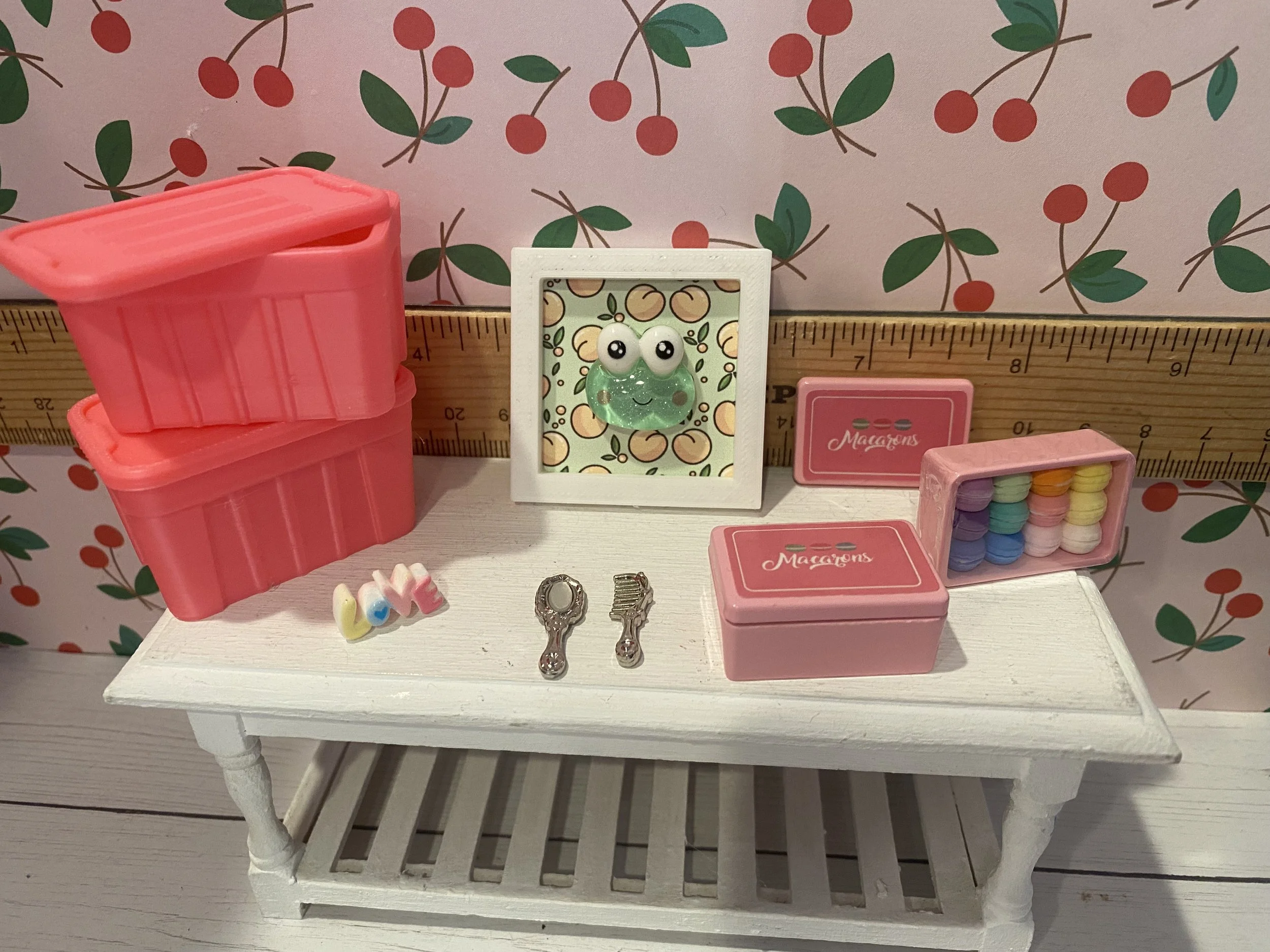 Miniature Pink Storage Bin, Brush and Mirror Set, Love Word, Froggy Peach Art, Box of Macaroons, 1:12