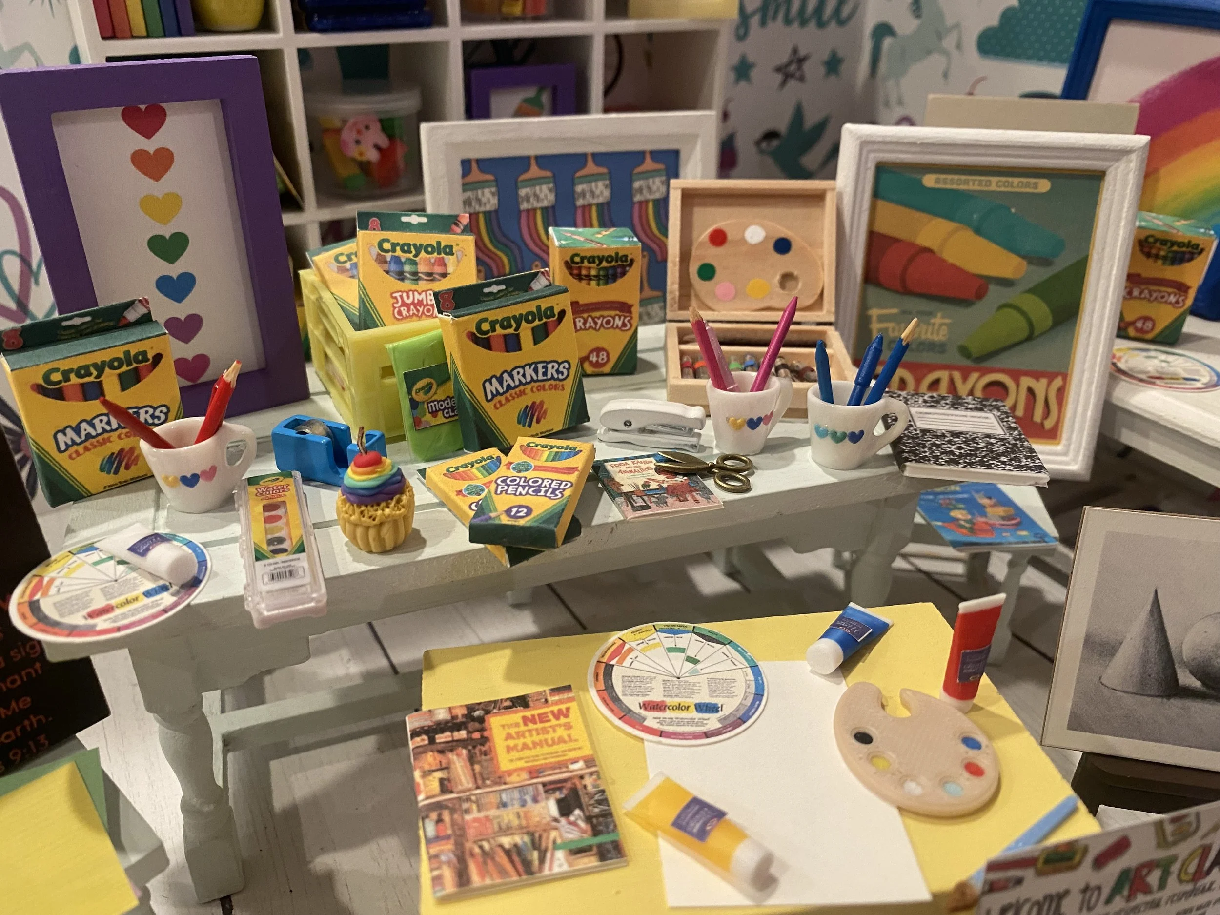 Miniature Art Supplies, Crayons, Markers, Art Box & Art Table