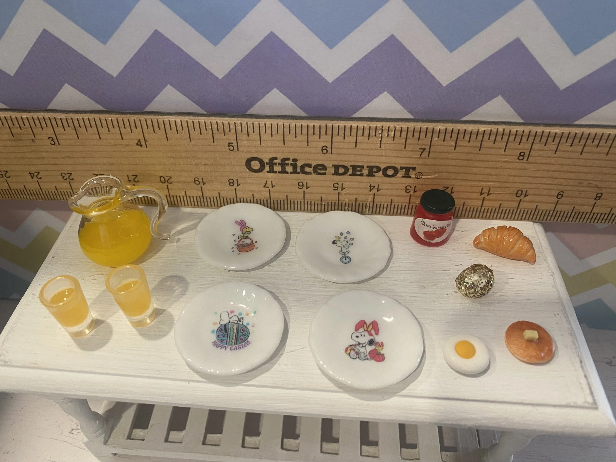 Miniature Easter Snoopy Plates, Pancake, Croissant, Pitcher of Orange Juice w/2 Glasses, Fried Egg, Jar of Jam, Golden Egg, 1:12