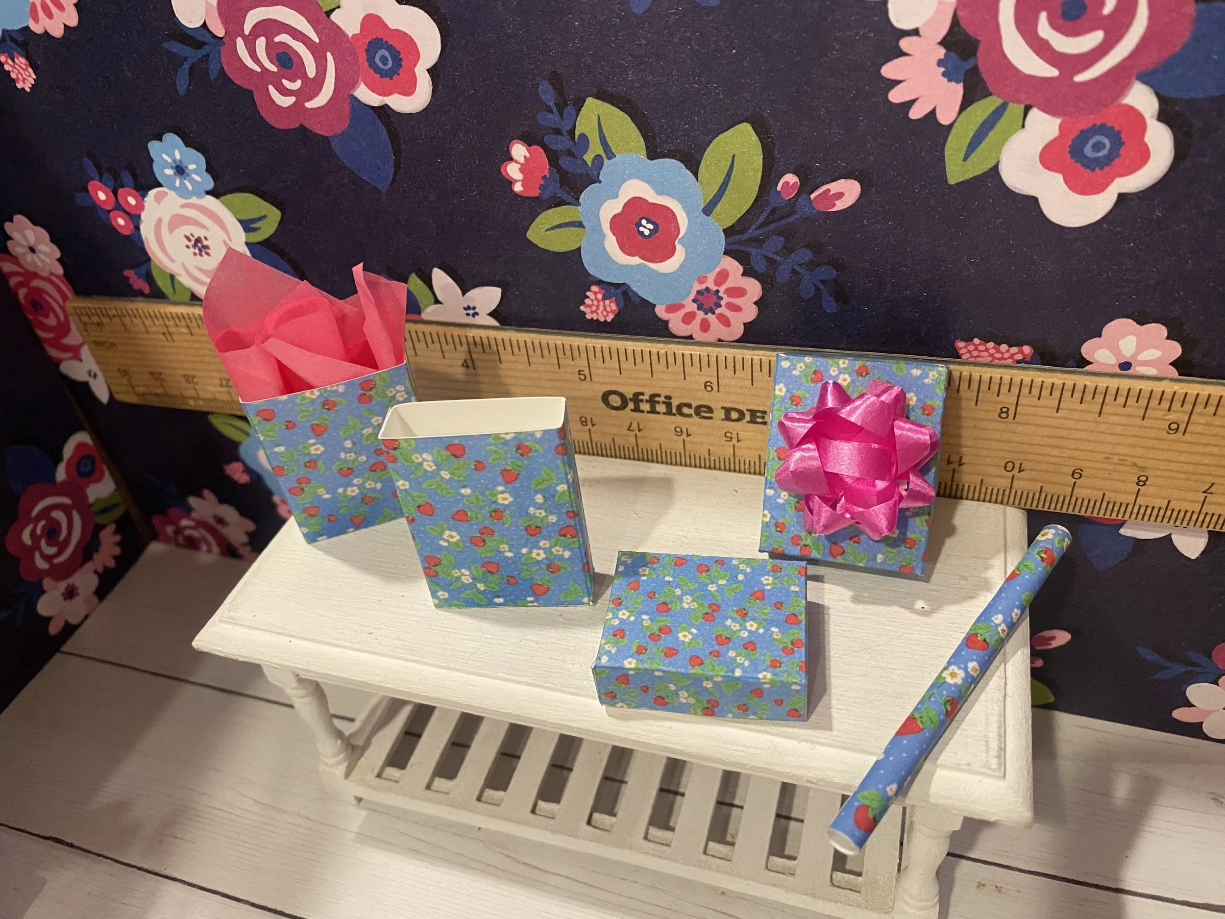 Miniature Blue Strawberry Gift Wrap, Box, Bag and Roll, 1:12