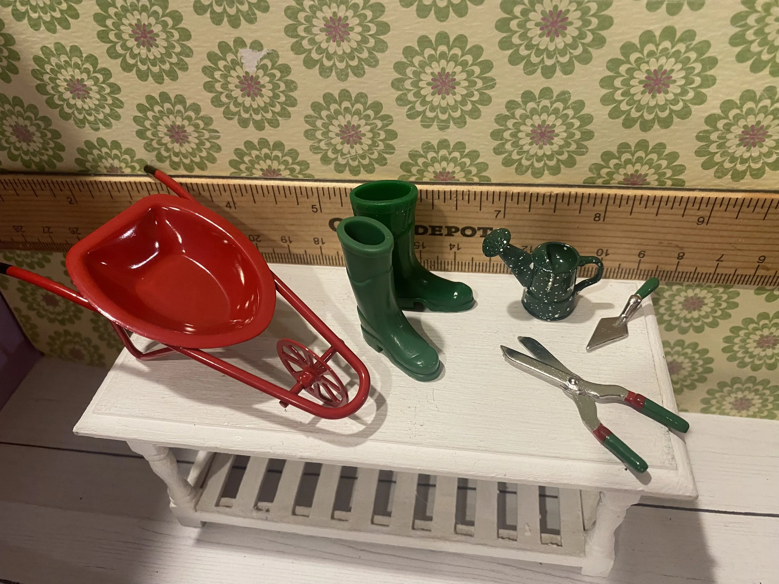 Miniature Red Wheelbarrow, Gardening Boots, Watering Can, Shears, Trowel, 1:12