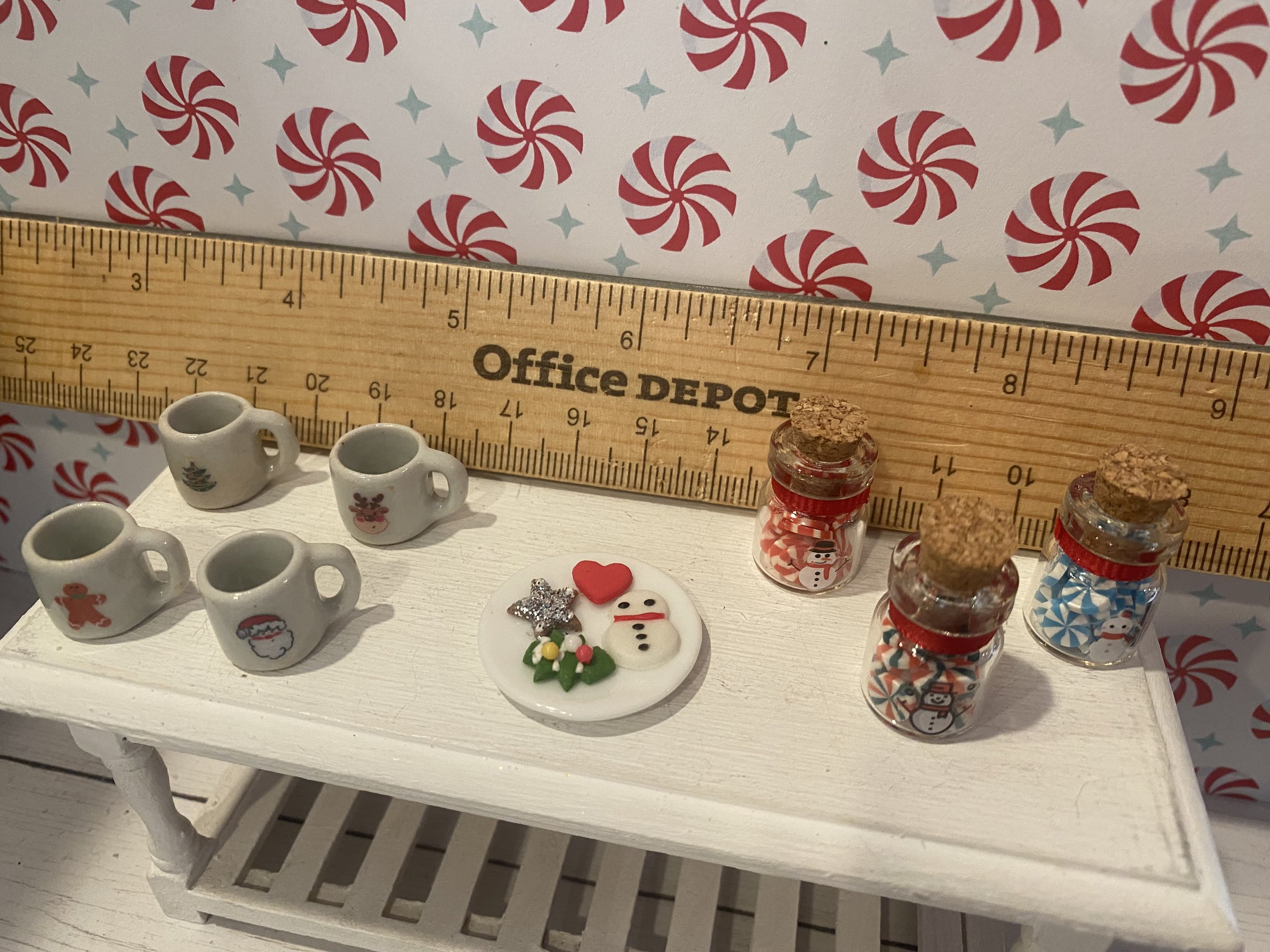 Miniature Christmas Mugs, Variety of Designs, Plate of Decorated Christmas Cookies, Glass Jars of Christmas Candy, 1:12