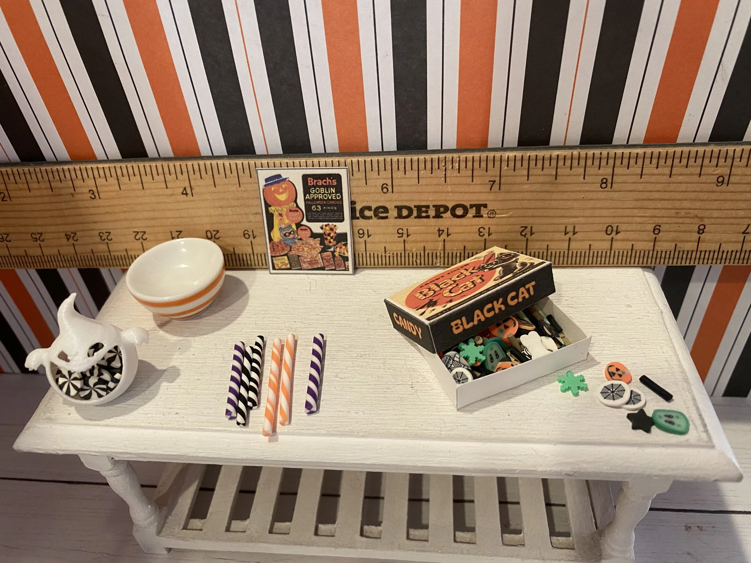Miniature Ghost Candy Dish, Candy Sticks, Box of Loose Candy, Orange Striped Bowl, Candy Ad, 1:12