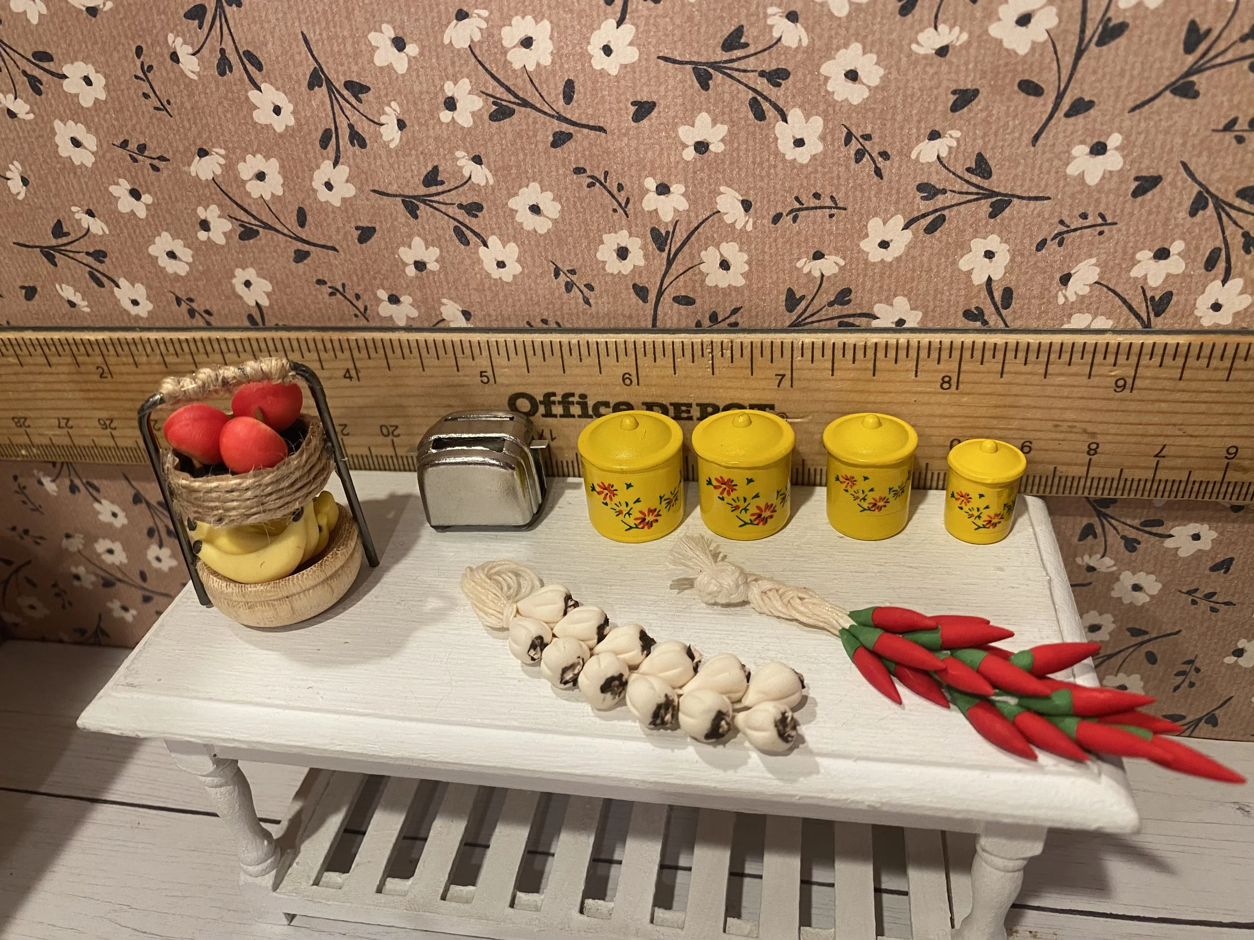 Miniature Wood Tiered Fruit Tray, Silver Toaster, Yellow Canister Set of 4, Garlic and Pepper Hanging Rope, 1:12