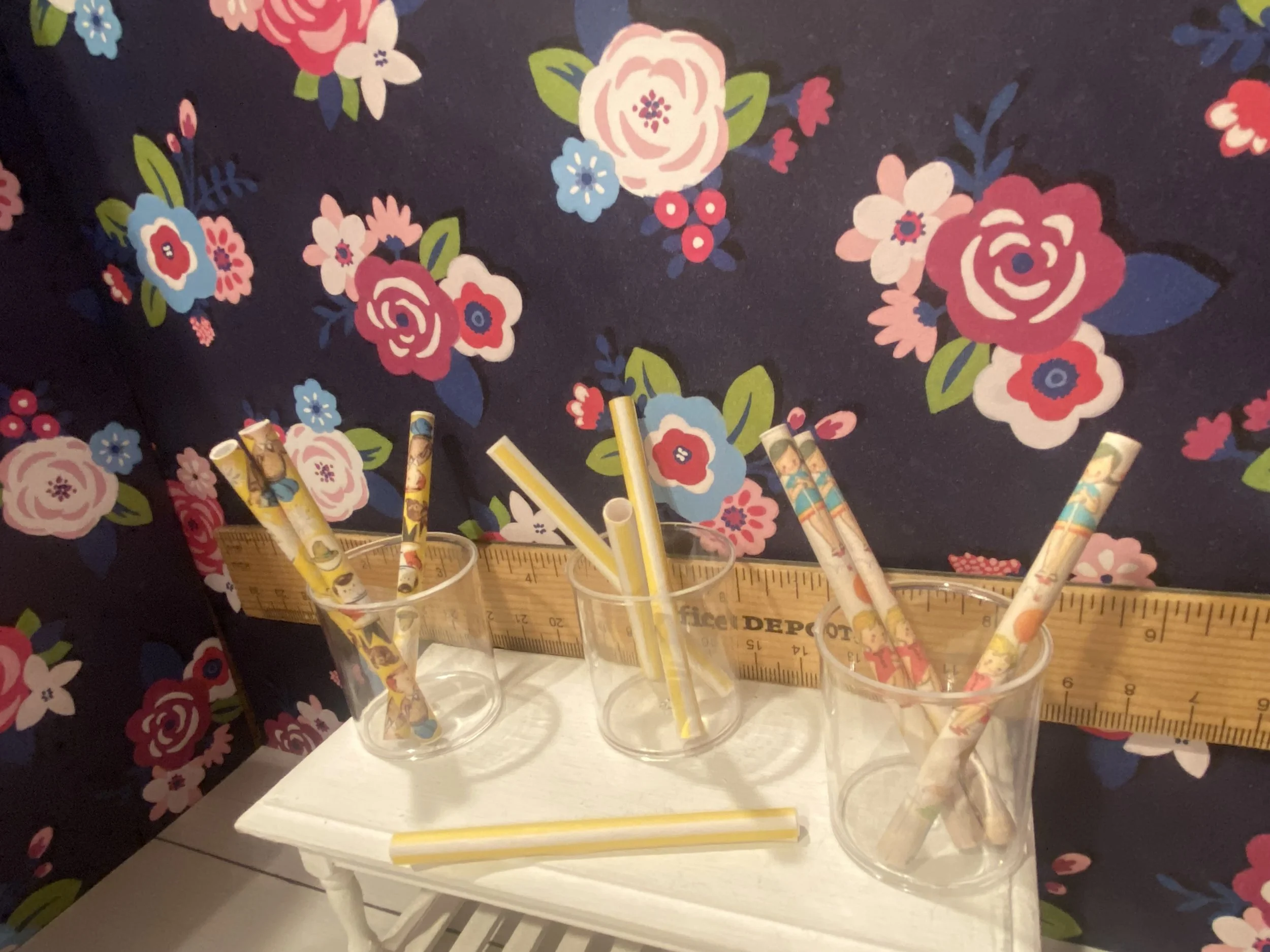 Miniature Yellow Striped and Vintage Kids Gift Wrap Rolls, 1:12